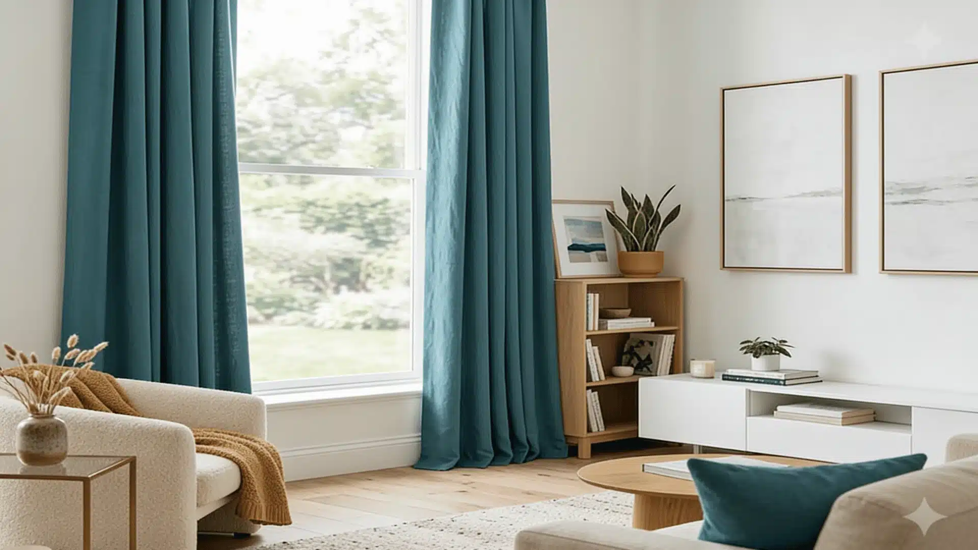 Teal floor-length curtains in a bright living room with neat folds and neutral decor