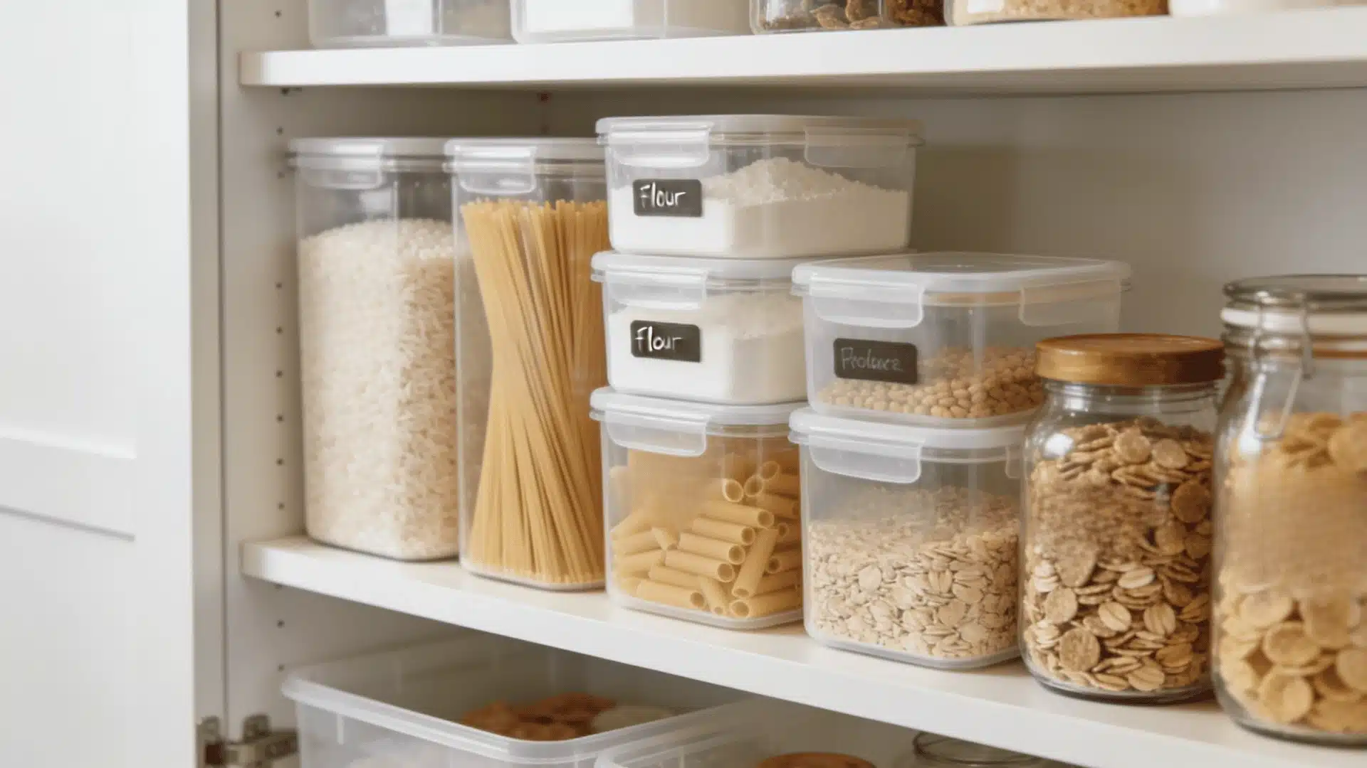 Pantry countertop showing cereals, pasta, and grains sorted into clear labeled containers, neat layout