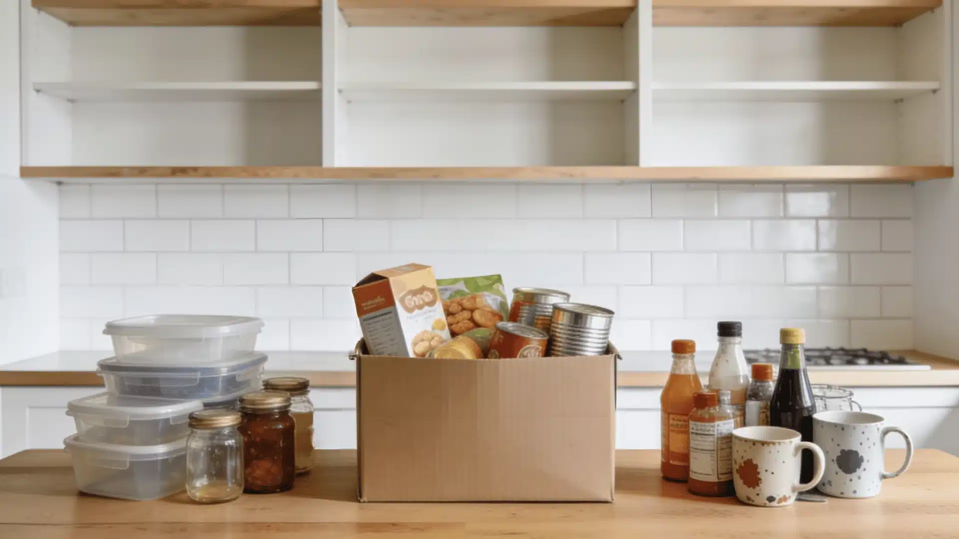 Kitchen cabinet with neatly arranged pantry items, jars, cans, and containers ready for storage