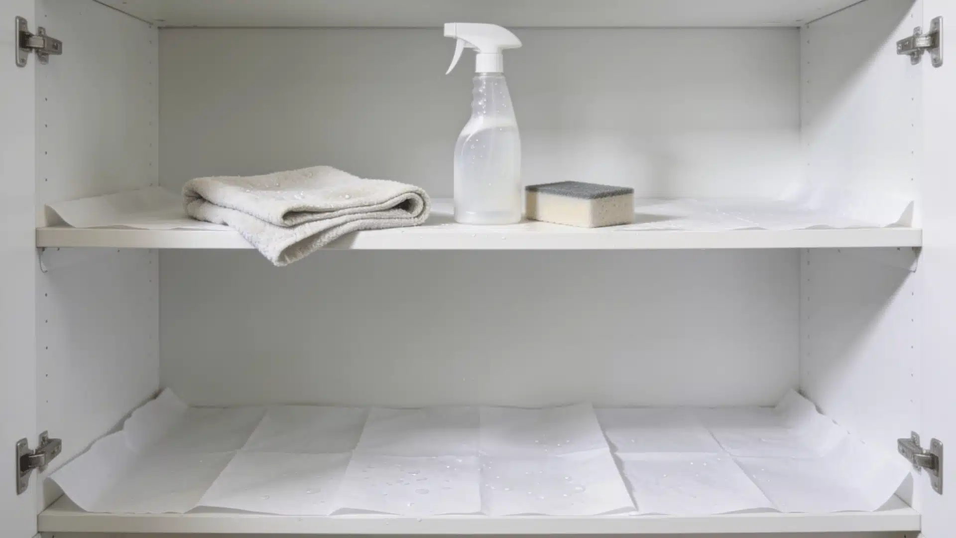 Pantry closet with organized boxes, cans, and jars, empty upper shelves, tidy kitchen background