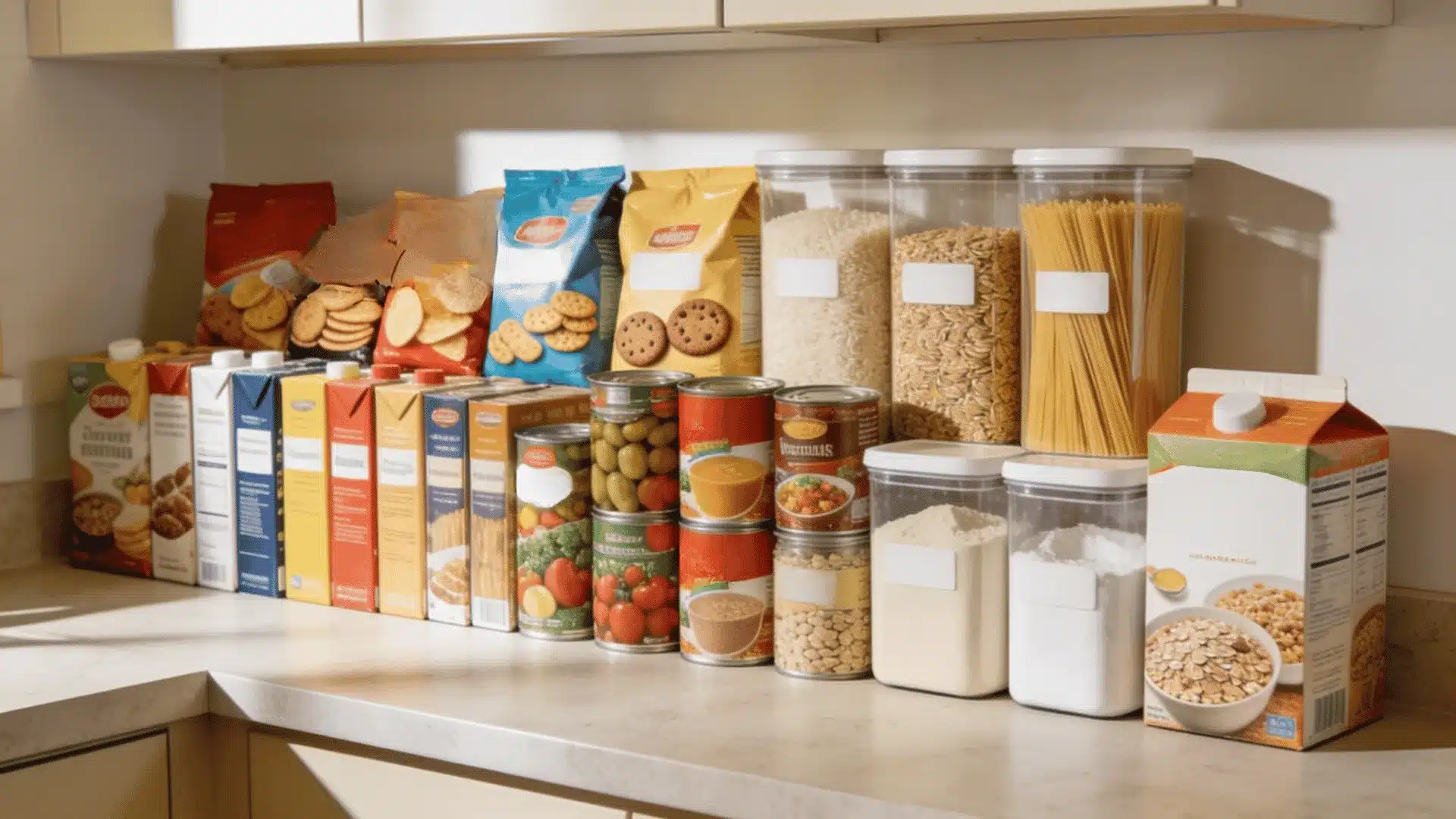 Close-up of pantry shelf with stacked airtight containers holding flour, pasta, and legumes