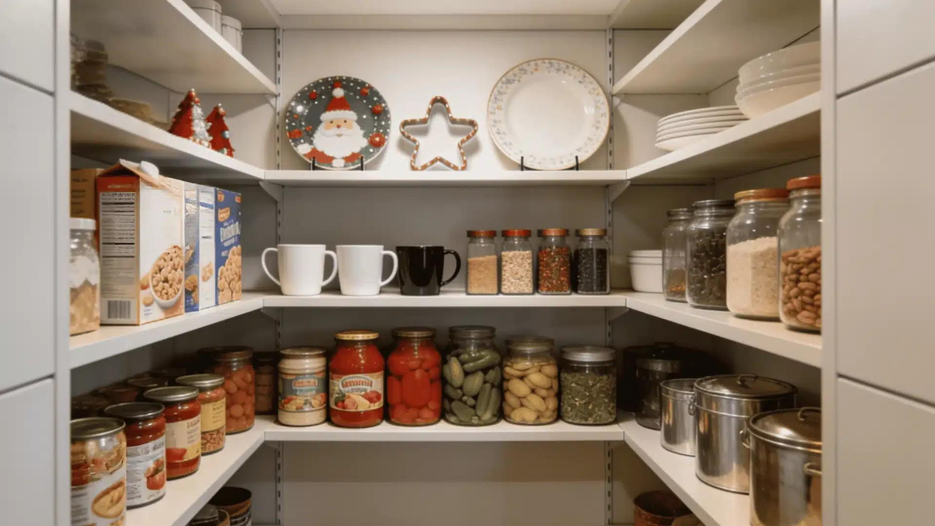 Deep pantry shelves stocked with jars, cans, and containers, neatly organized, human-free view