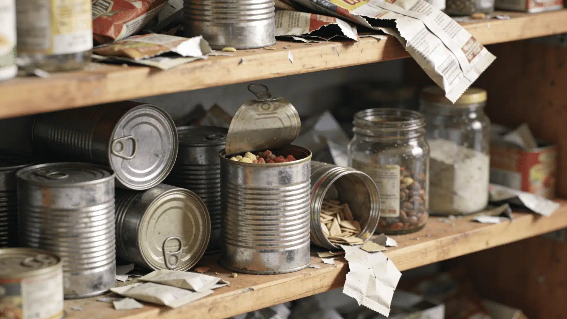 A messy pantry shelf with open and closed tin cans, jars, and paper debris
