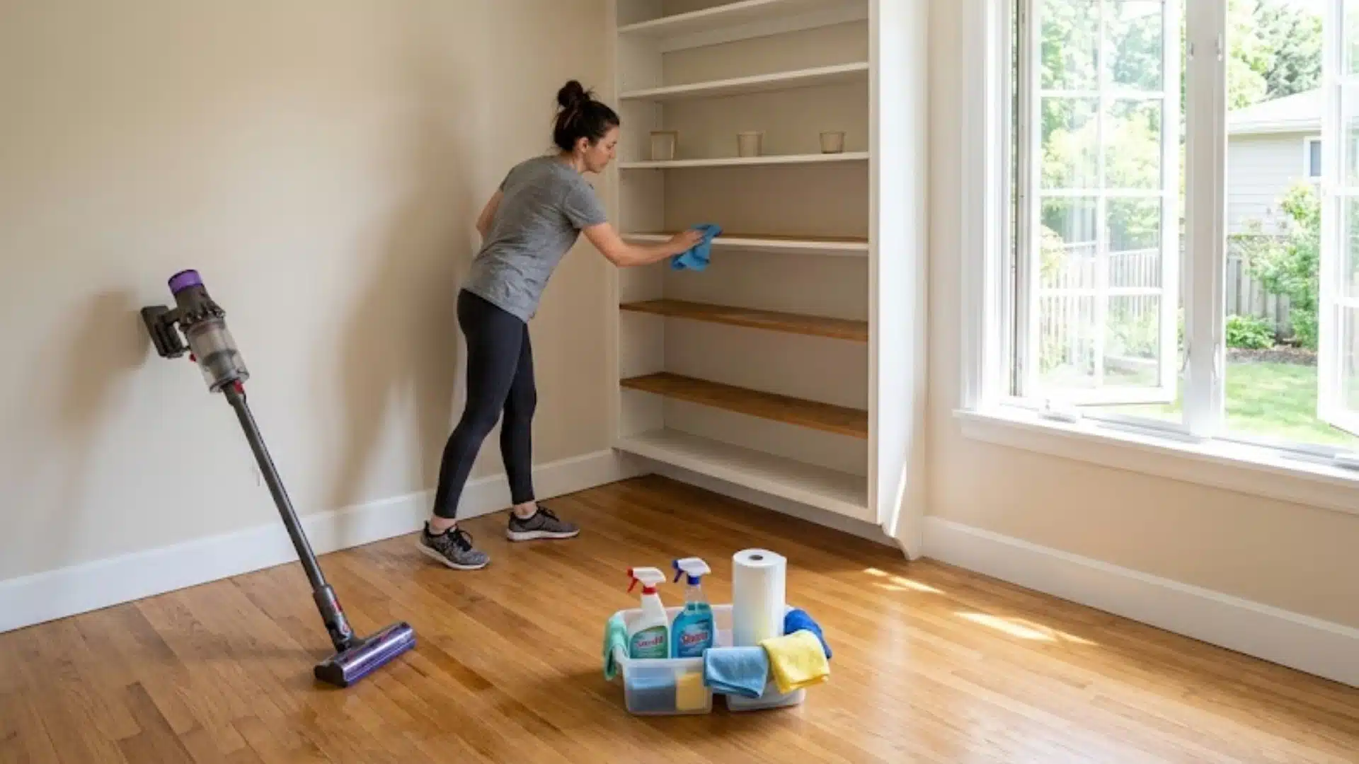 Person cleaning empty shelves with cleaning supplies and vacuum on wooden floor