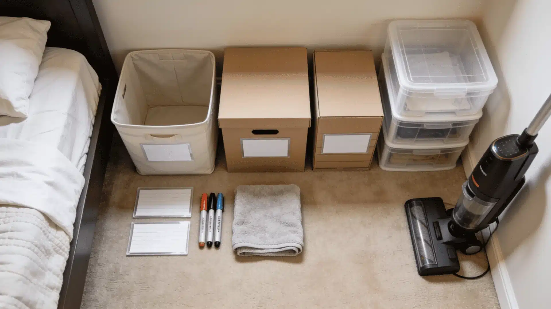 Storage bins, boxes, and cleaning supplies neatly arranged next to bed