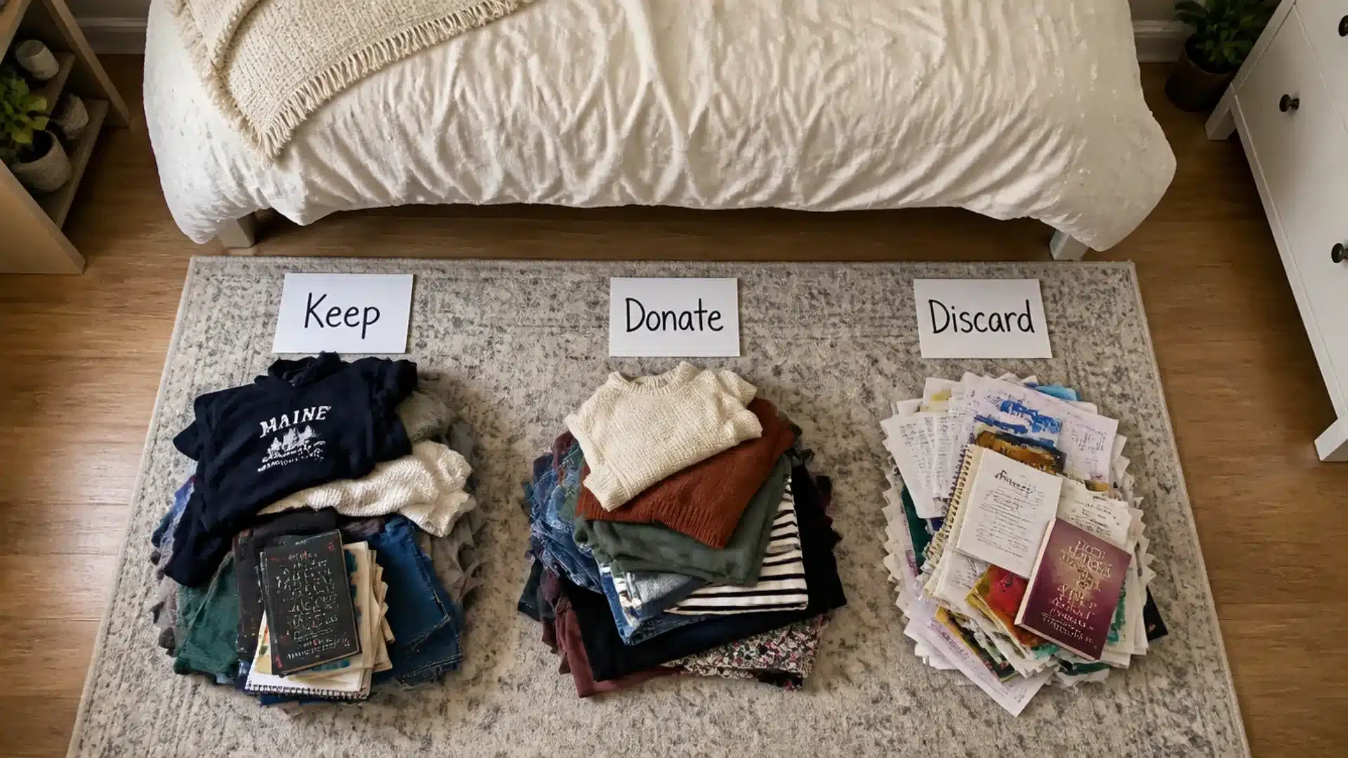 Clothes and papers sorted into Keep, Donate, and Discard piles on bedroom floor