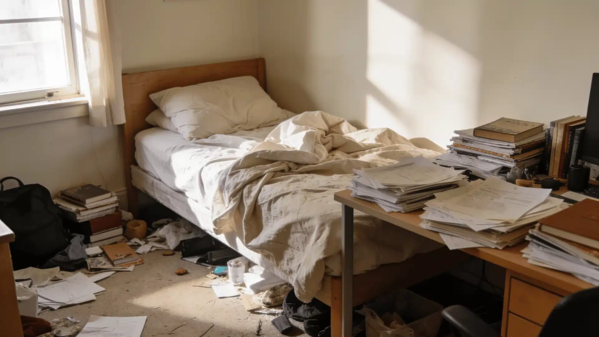 Messy bedroom with unmade bed, scattered papers, books, and cluttered desk on floor