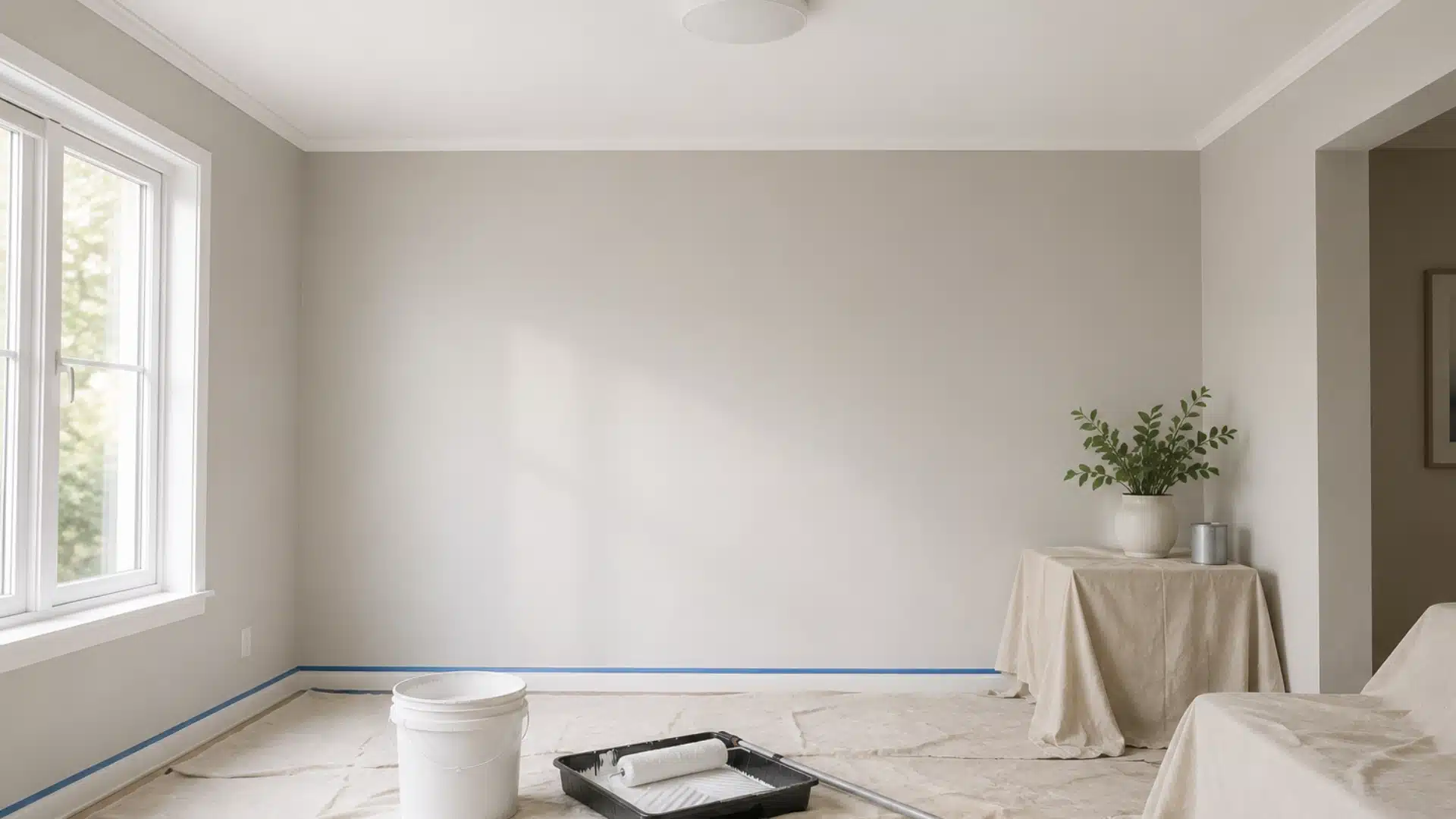 A freshly painted ceiling of a room with drop cloths, painter's tape, and a bucket of paint