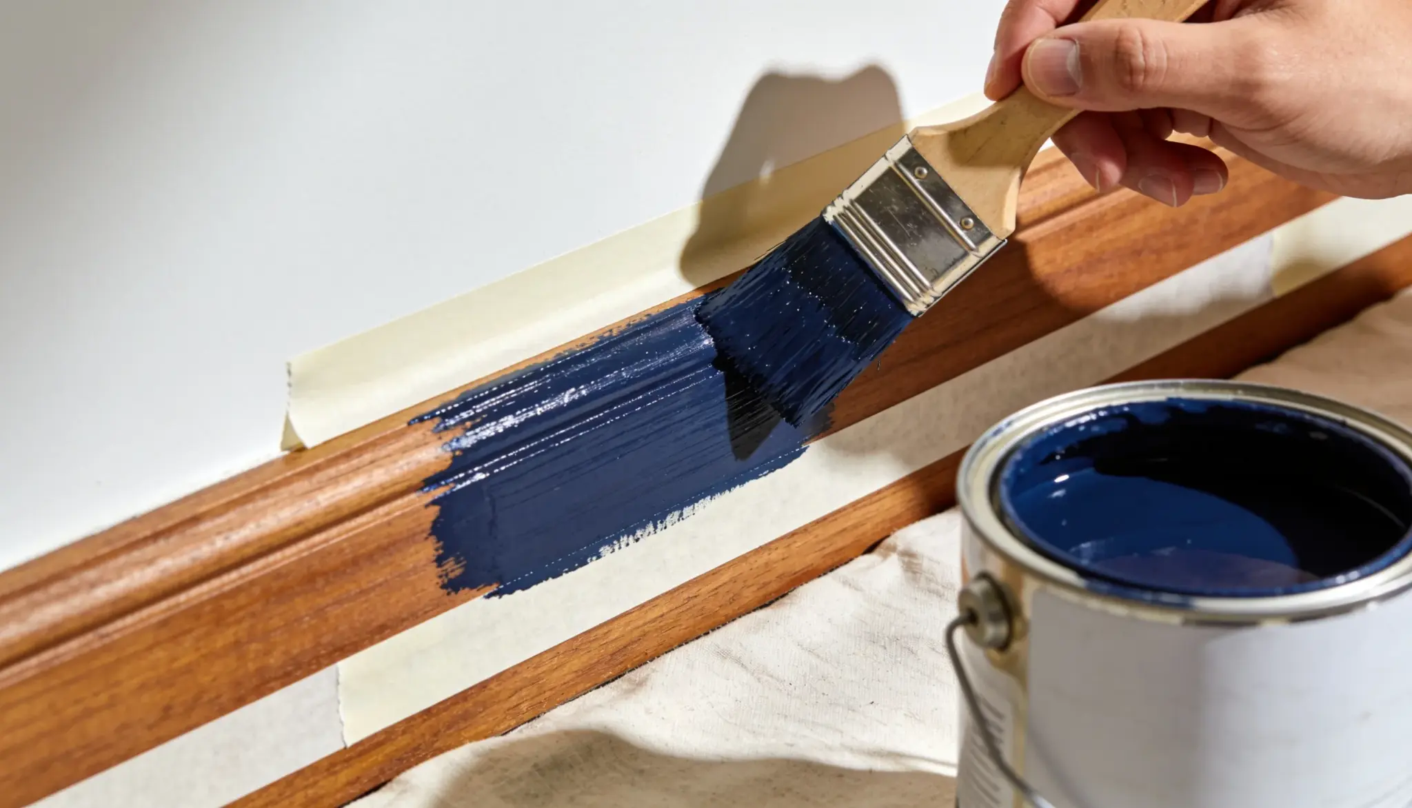 Hand painting wooden trim with navy blue paint using a brush painters tape and paint can on a floor surface
