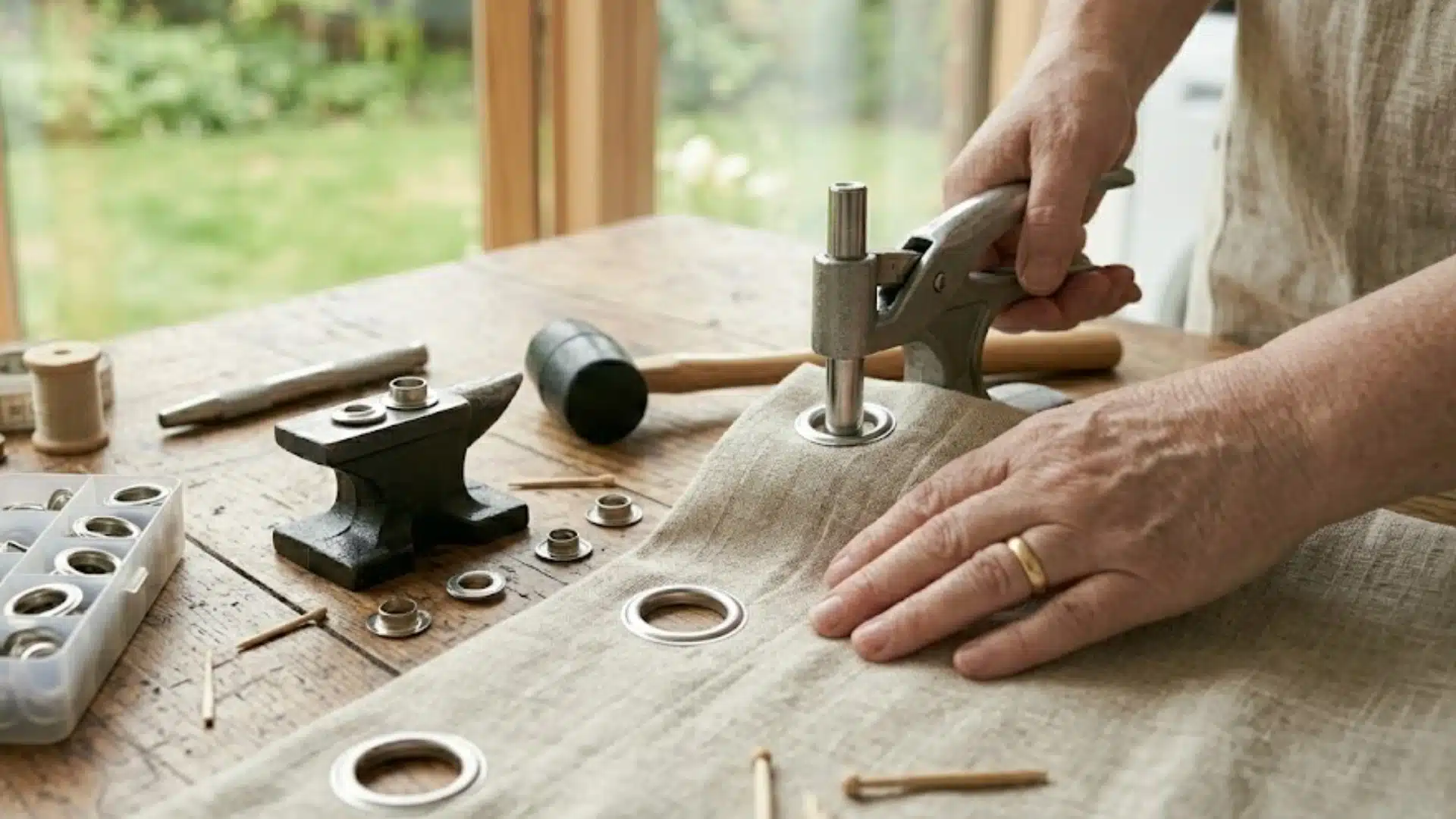 Hands installing metal grommets into curtain fabric on wooden table with DIY sewing tools