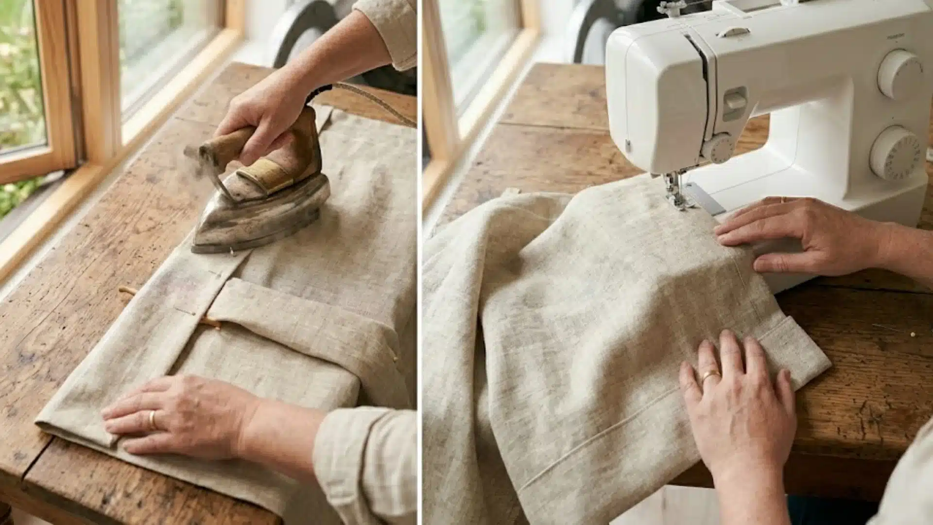 Person sewing curtain fabric on a sewing machine in a bright home workspace near a window