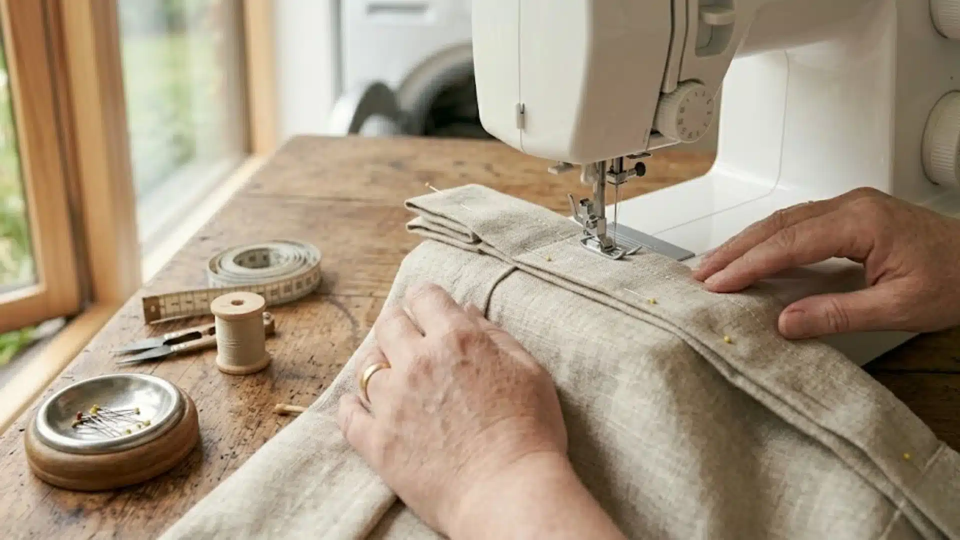 Hands sewing curtain hem on sewing machine in bright home workspace with fabric and tools