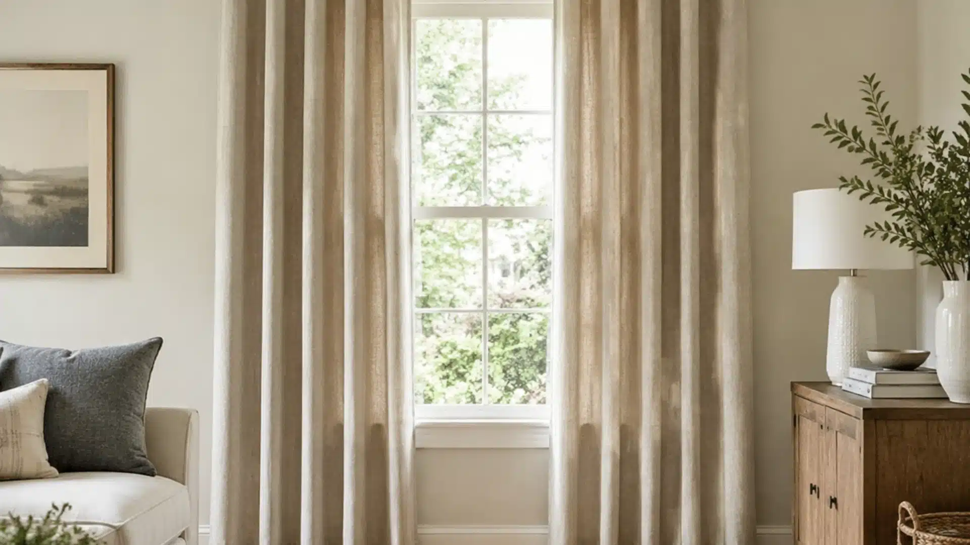 Perfectly fitted beige curtains hanging on a window in a bright modern living room with natural light
