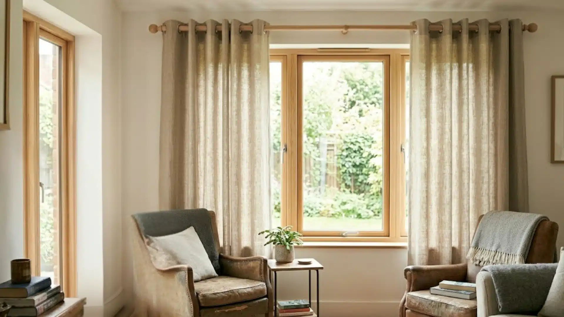 Perfectly fitted grommet curtains hanging in a bright modern living room with natural light and cozy seating area
