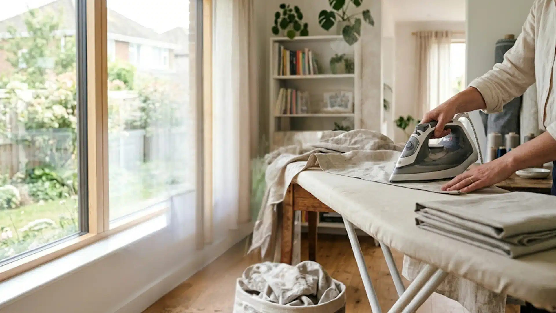 Person ironing curtain fabric on ironing board in bright home sewing workspace near window