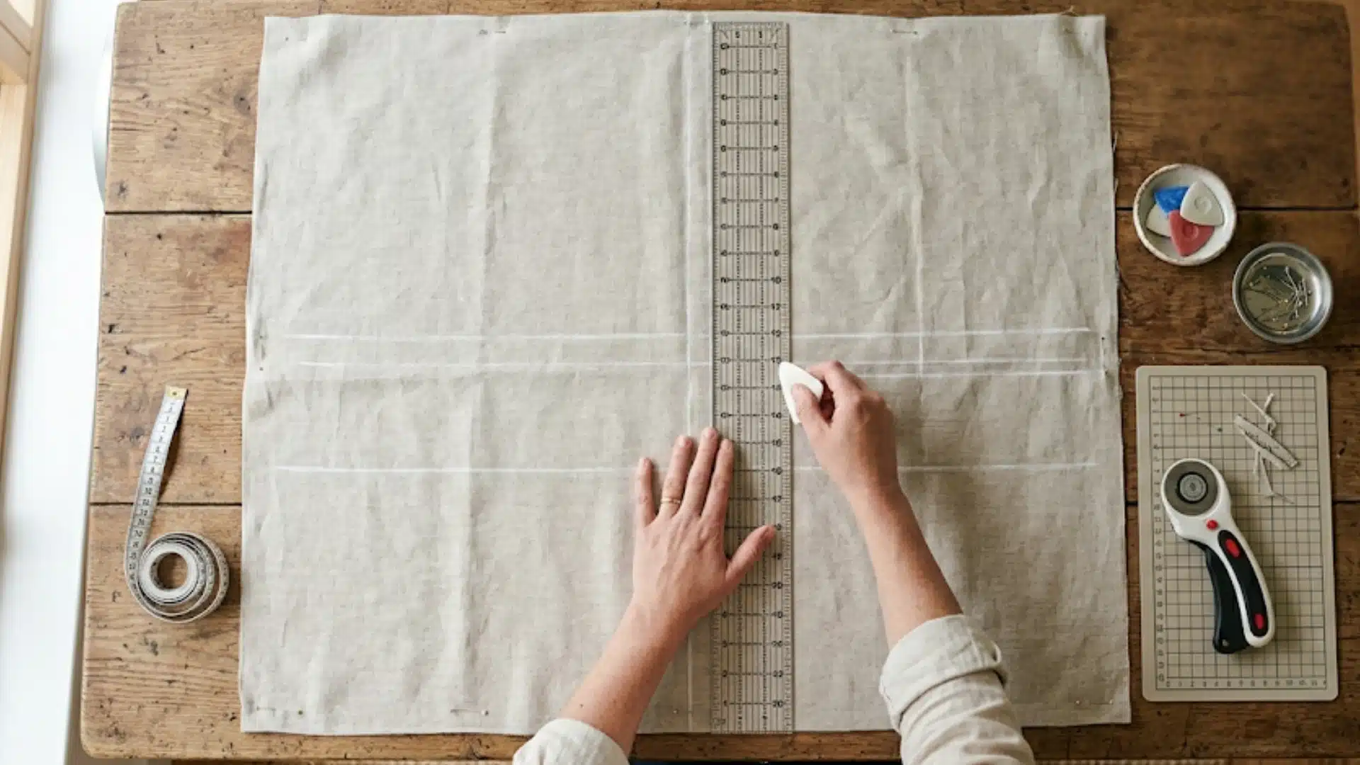 Hands marking fabric on wooden table with ruler and chalk for curtain measurements DIY sewing process