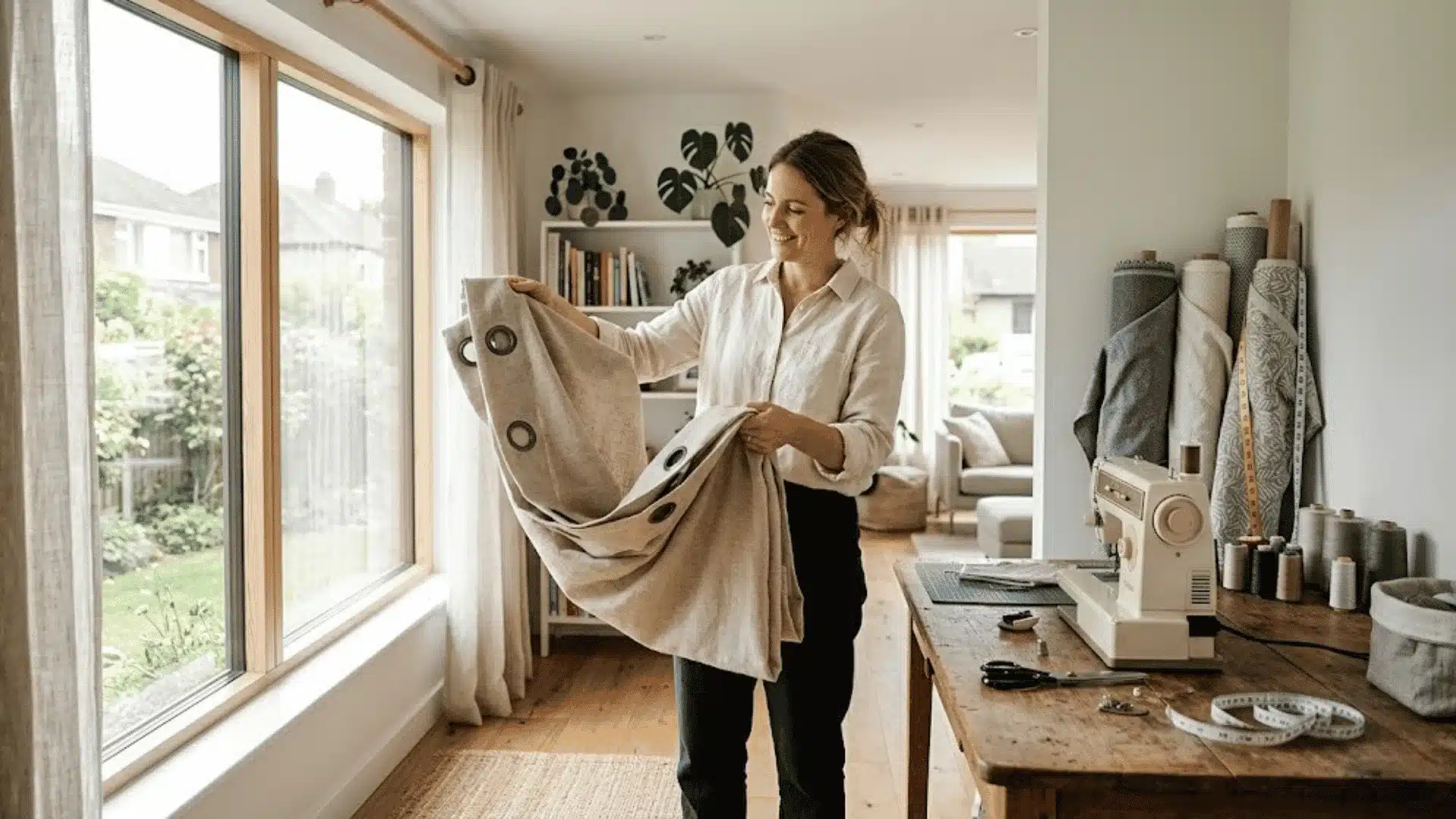 Woman holding fabric curtain panel with grommets in a home sewing room beside a sewing machine