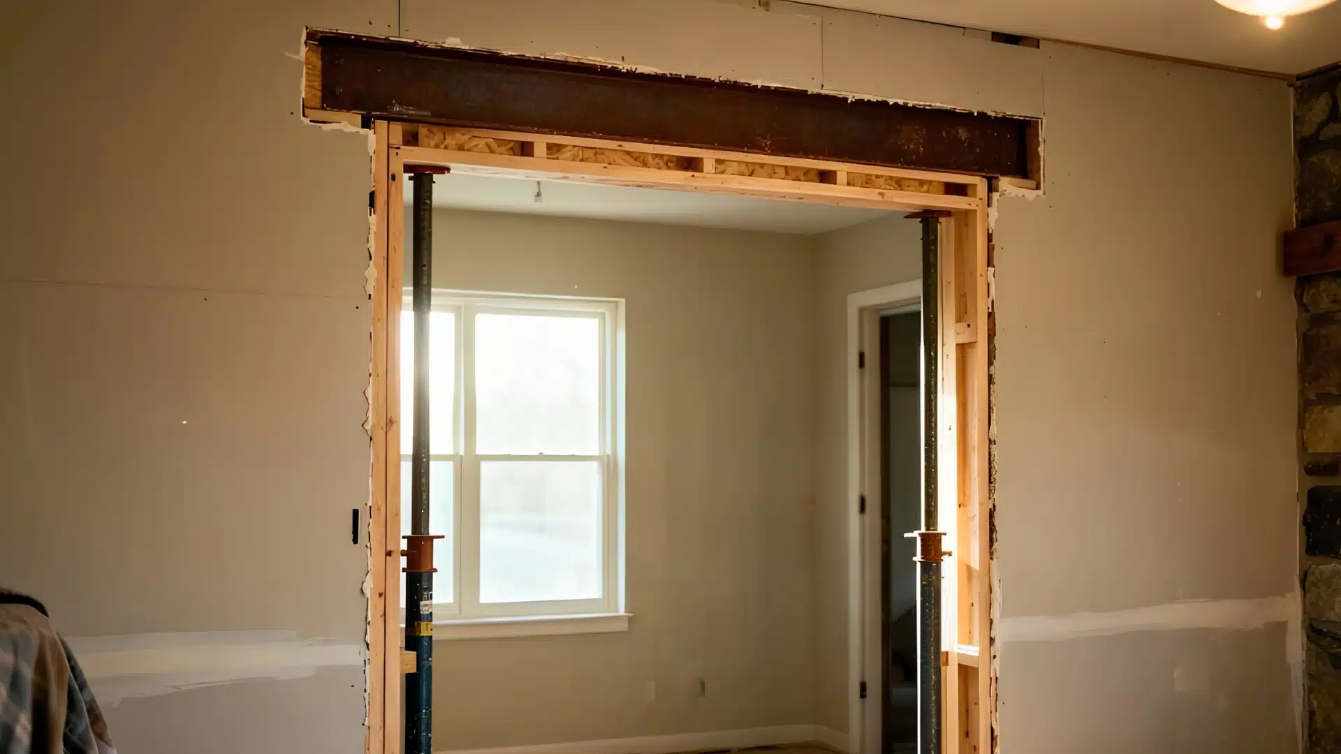 An interior wall shows steel beam installed above a framed doorway supported by poles, signaling suspected load bearing