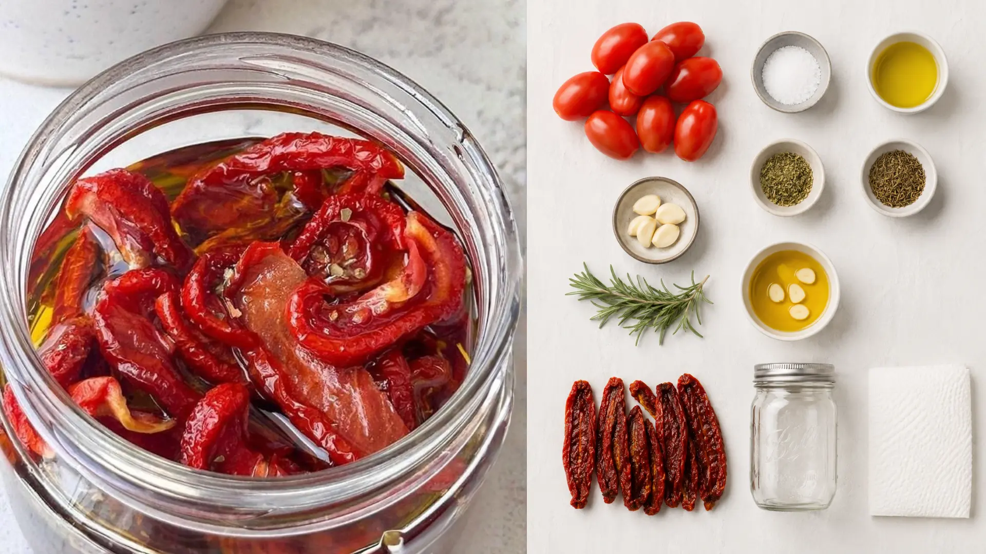 homemade sun dried tomatoes in a jar next to fresh tomatoes garlic herbs and olive oil
