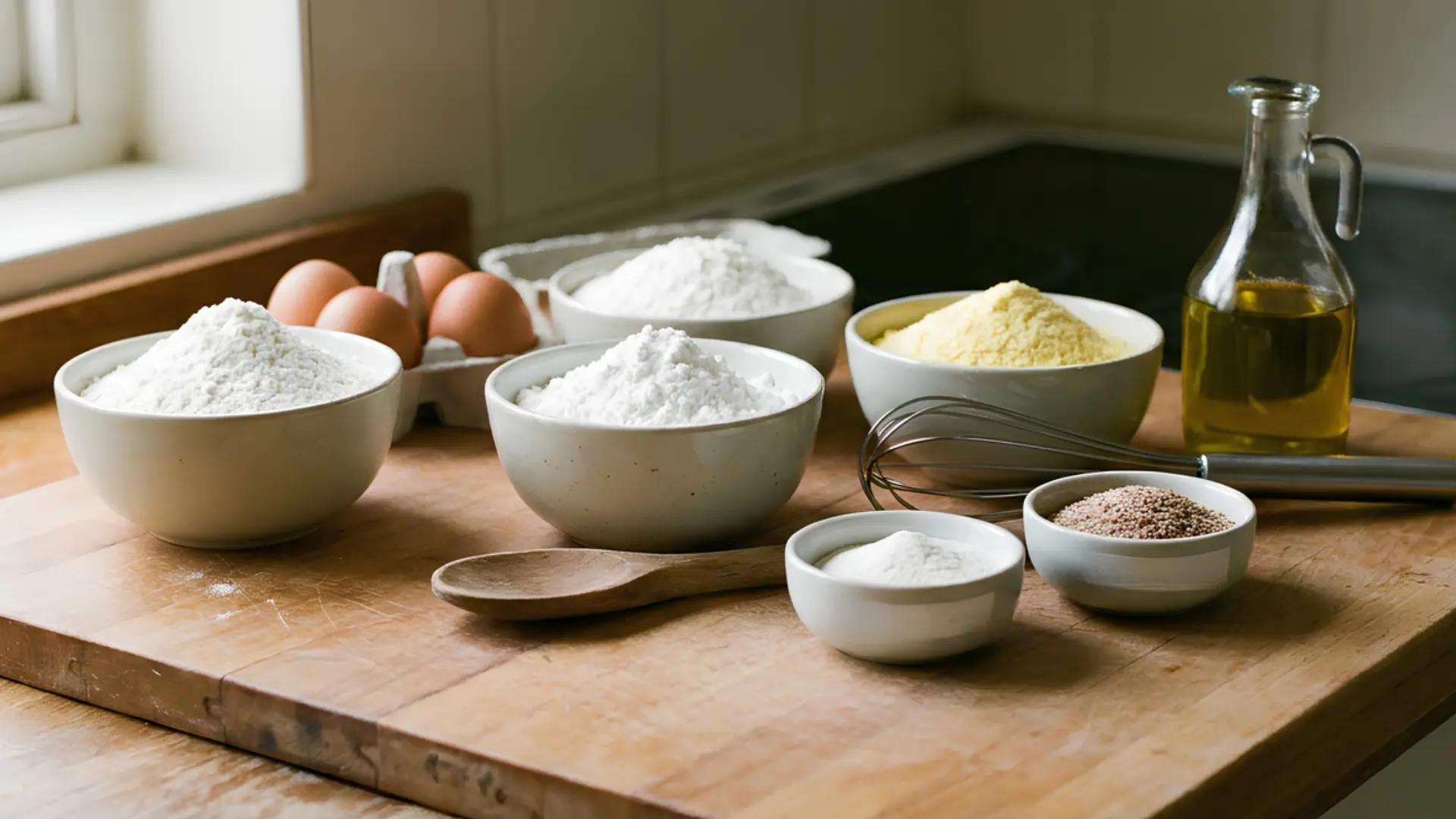 gluten free pasta dough recipe ingredients laid out in bowls including rice flour eggs and olive oil on a wooden board