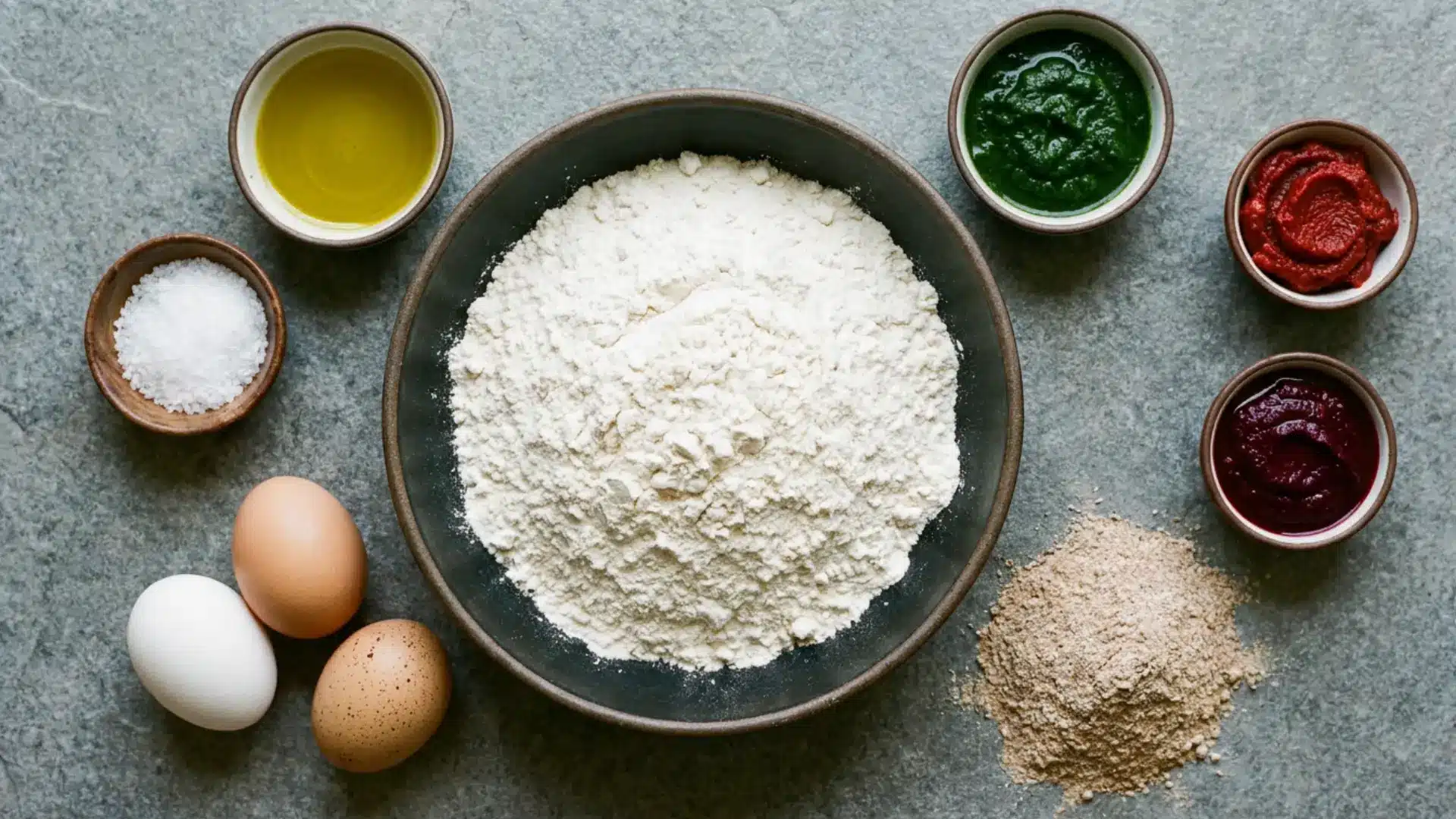 homemade pasta recipe ingredients laid out including flour eggs olive oil spinach tomato paste and beet on a dark surface