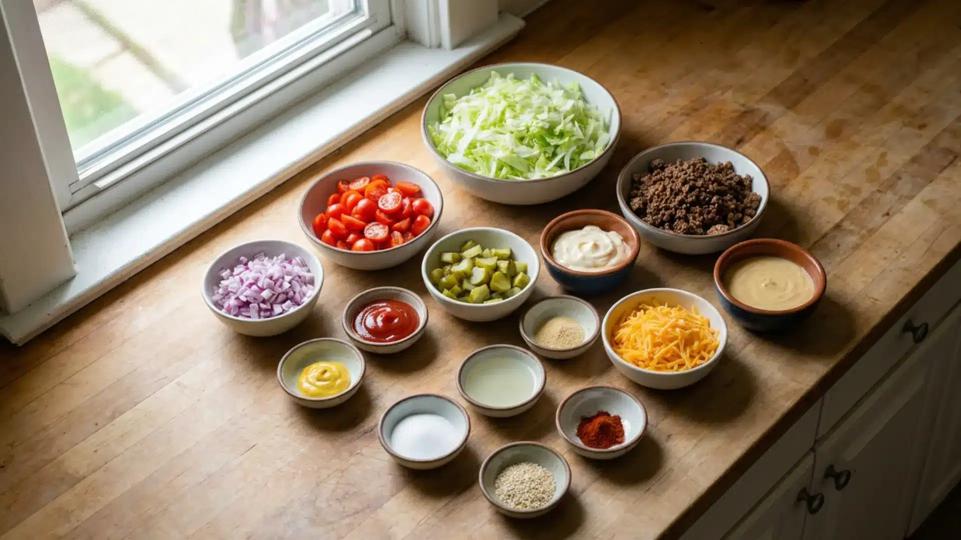 big mac salad recipe ingredients laid out in small bowls including beef lettuce tomatoes onion pickles cheese and sa