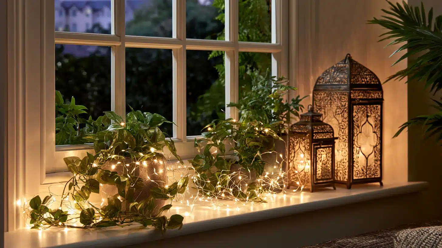 Window sill with fairy lights, leafy plants, and decorative lanterns glowing warmly, creating a cozy evening atmosphere.
