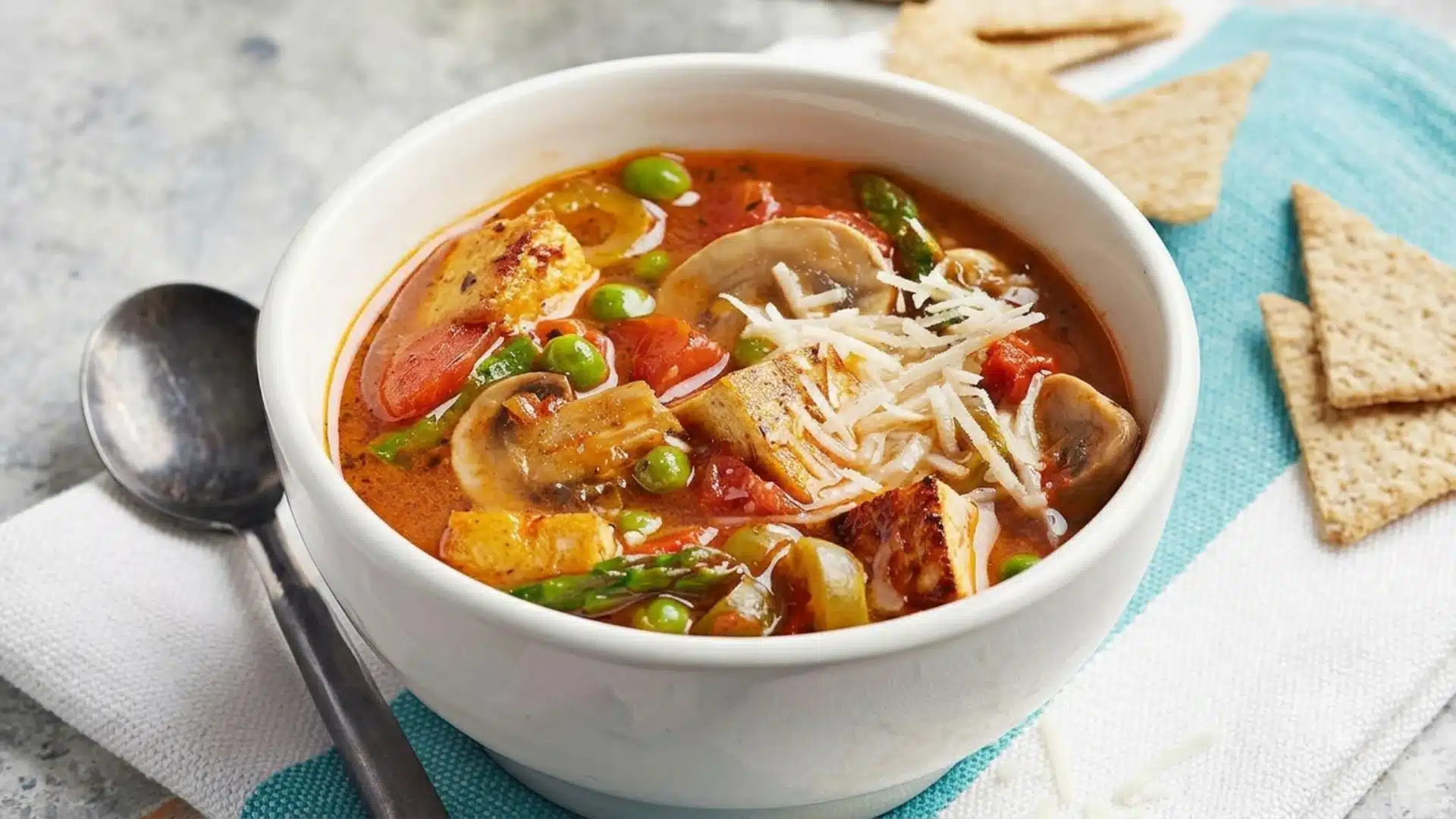 Hearty vegetable soup with tofu, mushrooms, peas, and asparagus topped with shredded cheese, served with crackers.