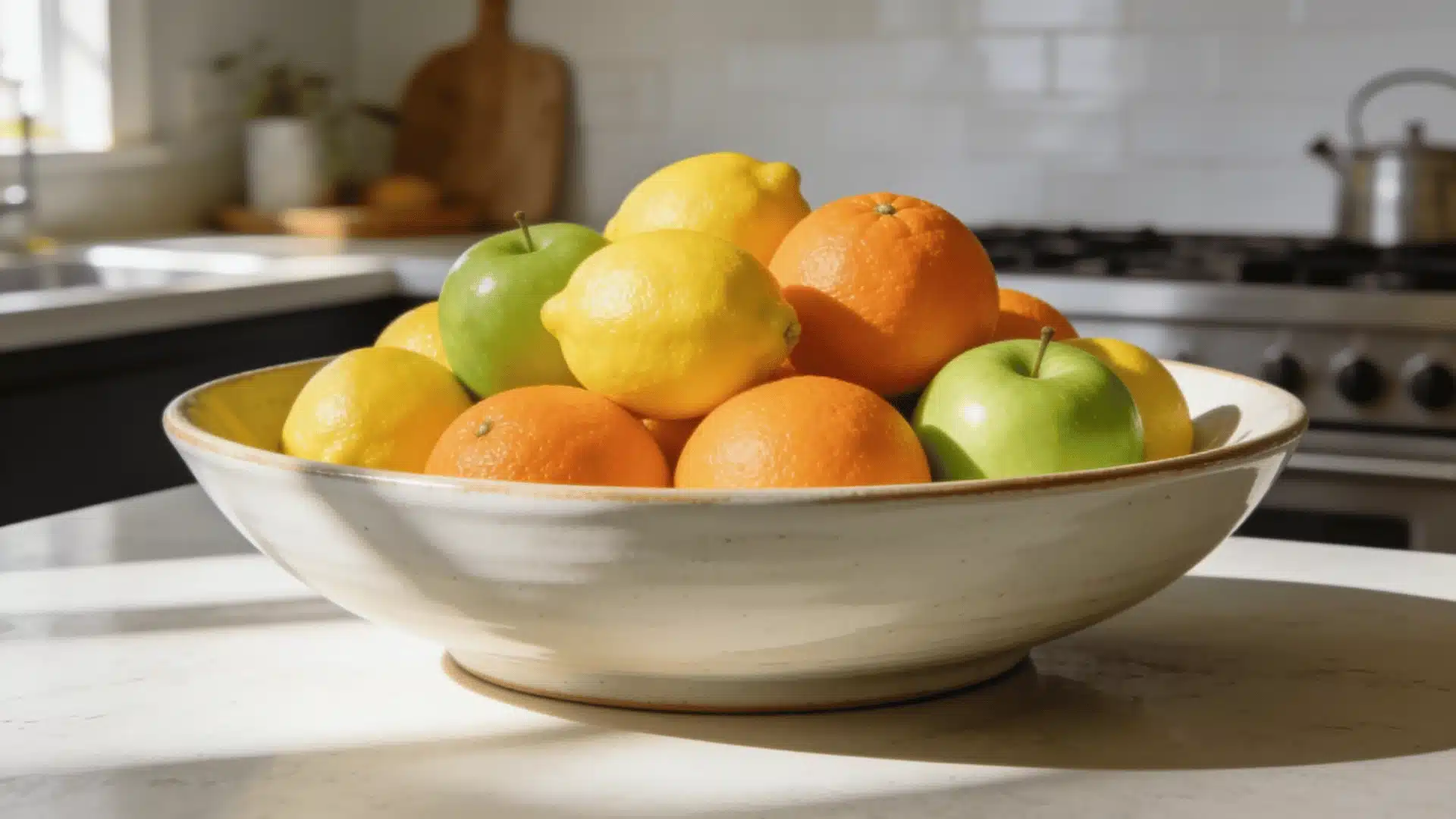 Wide ceramic fruit bowl filled with lemons, oranges, and green apples on a bright kitchen counter