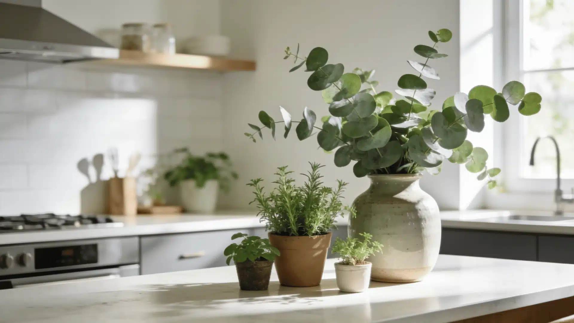 Kitchen island styled with eucalyptus vase, potted herbs, and natural greenery arrangement