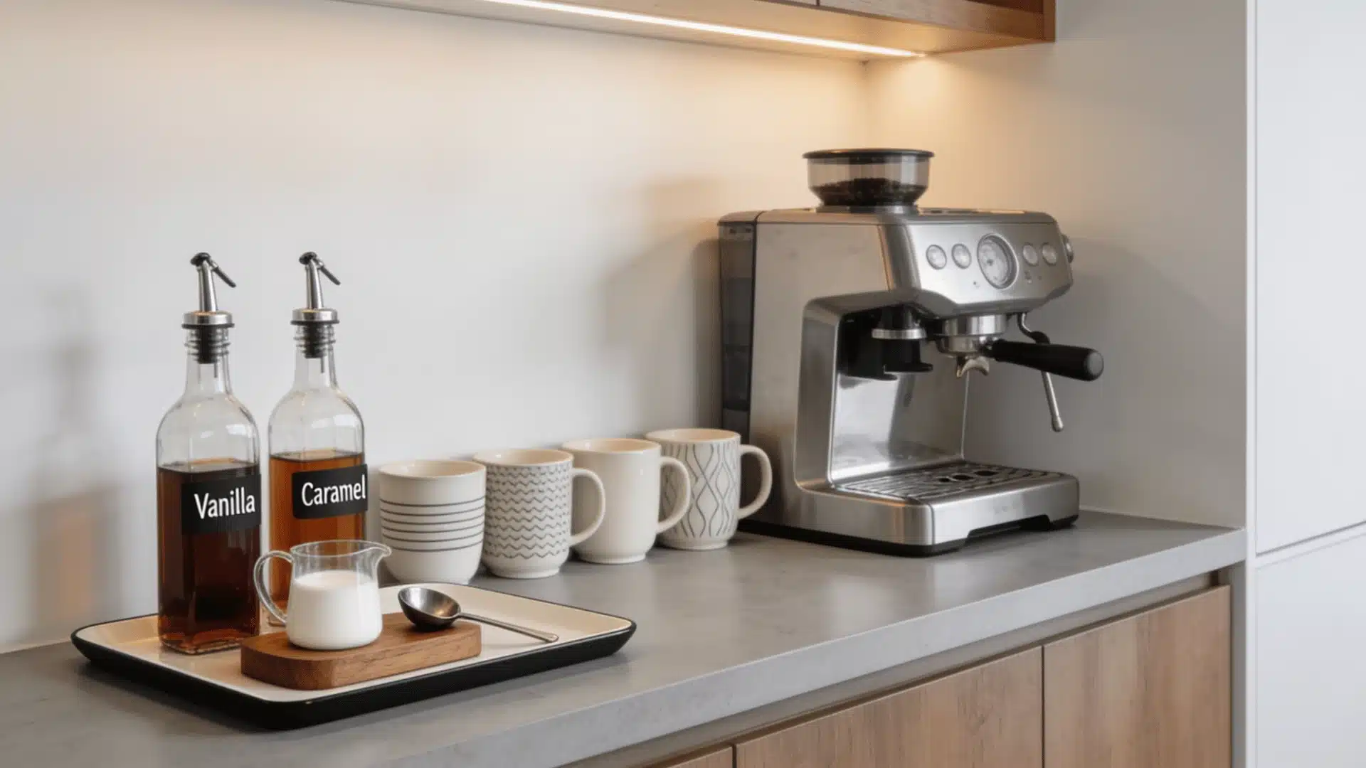 Modern kitchen coffee station with espresso machine, mugs, syrup bottles, and serving tray on counter