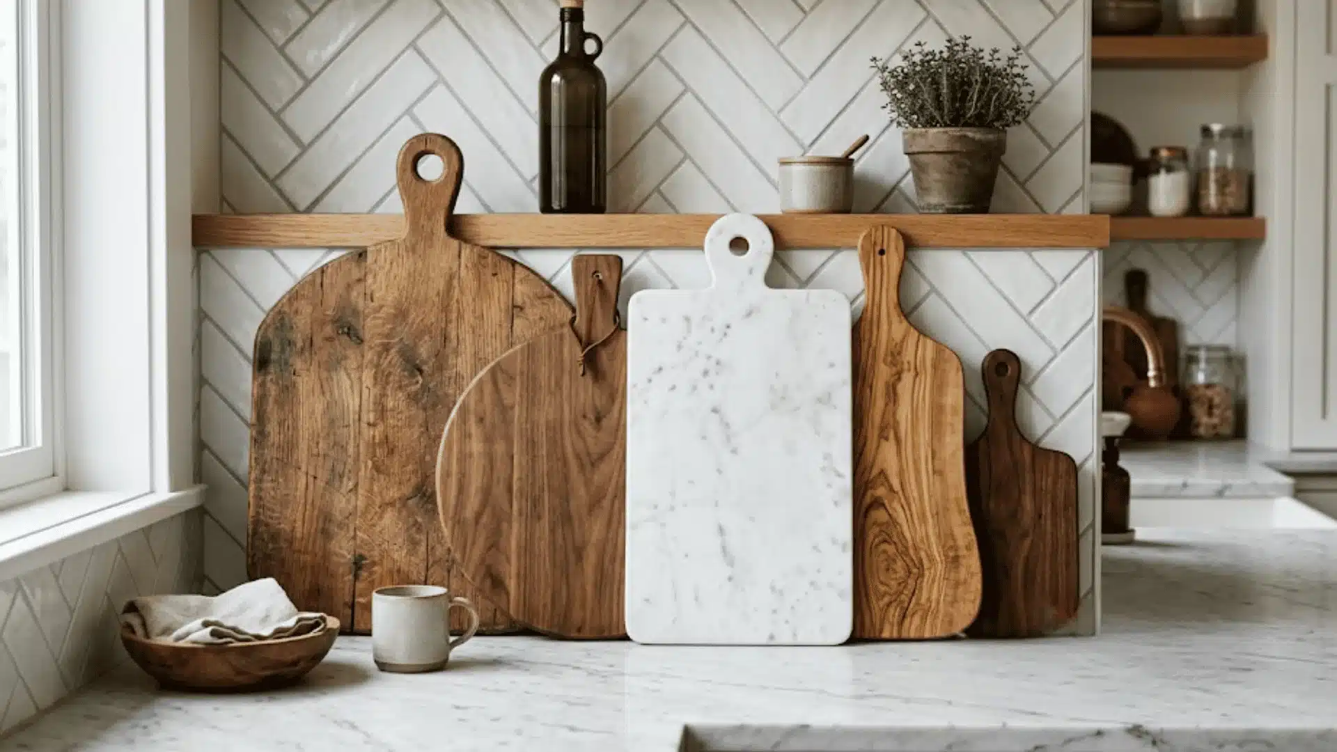 Layered wooden and marble cutting boards displayed against a tiled backsplash in kitchen