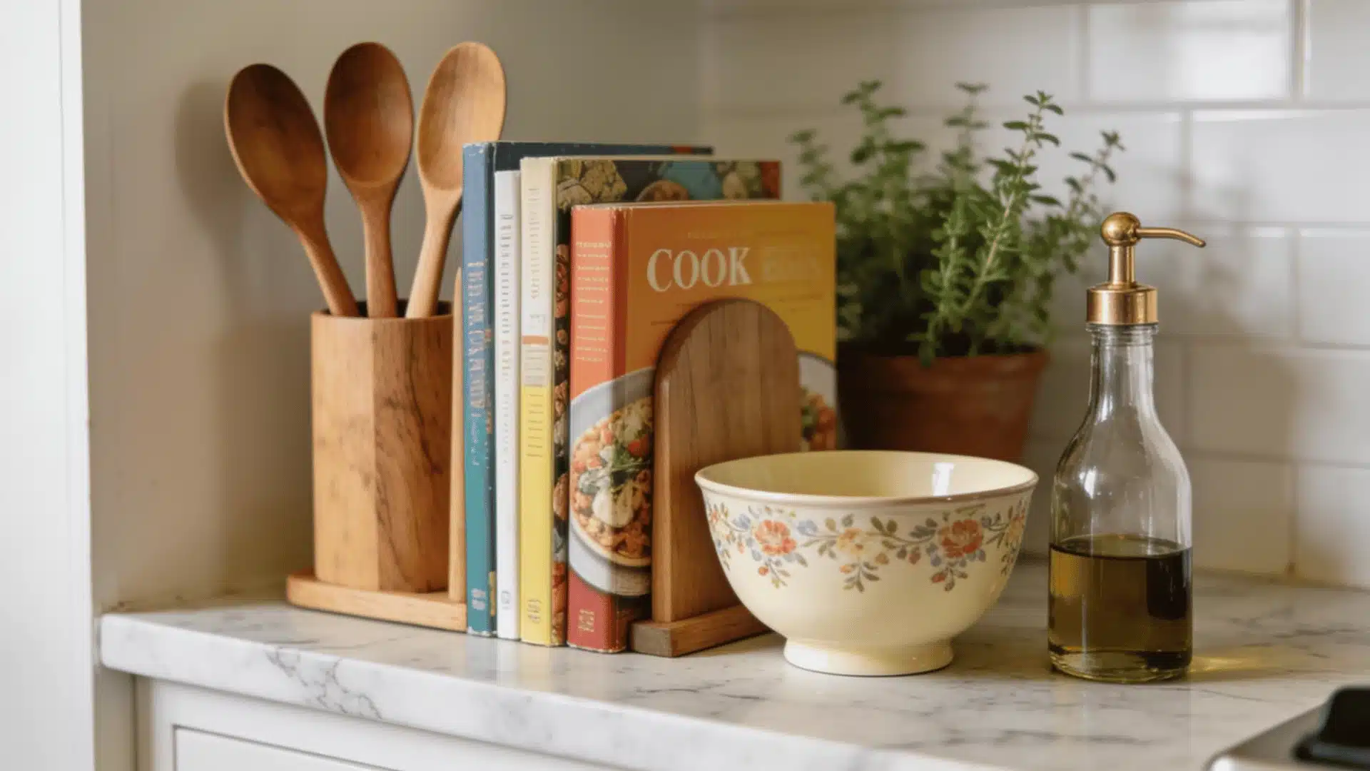 Styled kitchen counter with cookbooks, wooden utensils, olive oil bottle, and potted herbs