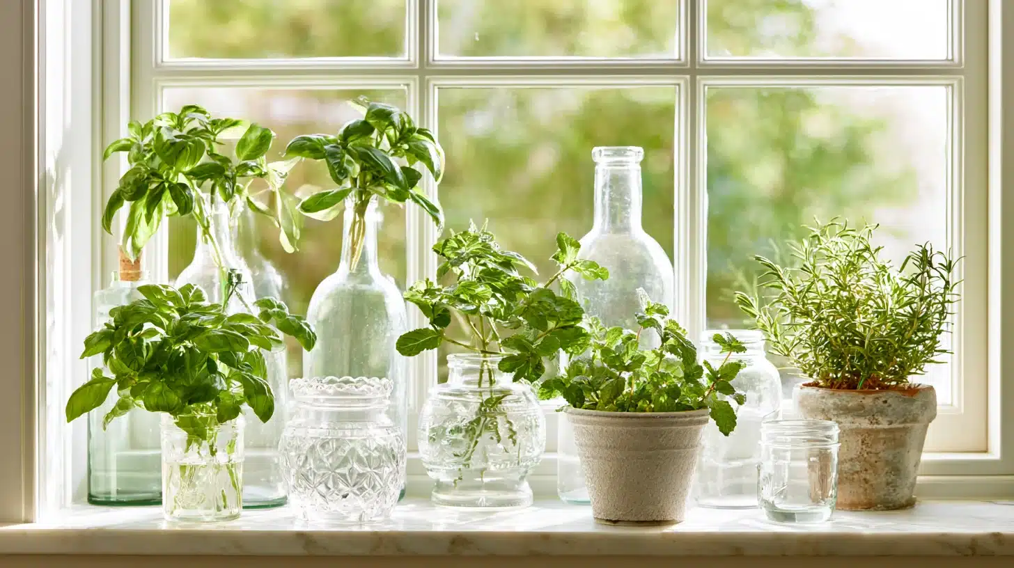Kitchen window sill with potted herbs, vintage glass bottles, and jars bathed in sunlight, creating a fresh, inviting look.