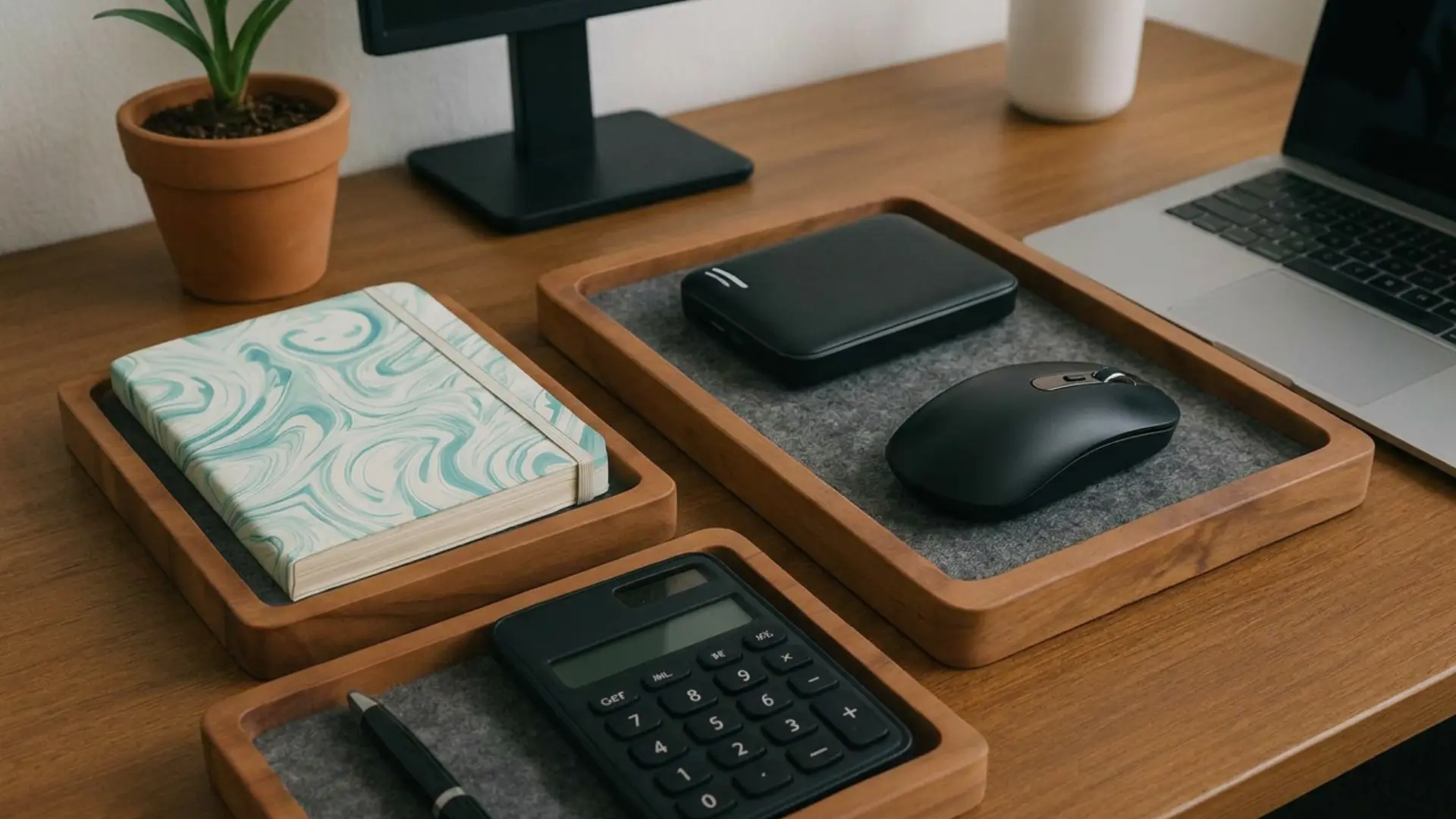 three wooden desk trays holding a notebook mouse calculator and pen on a tidy office desk