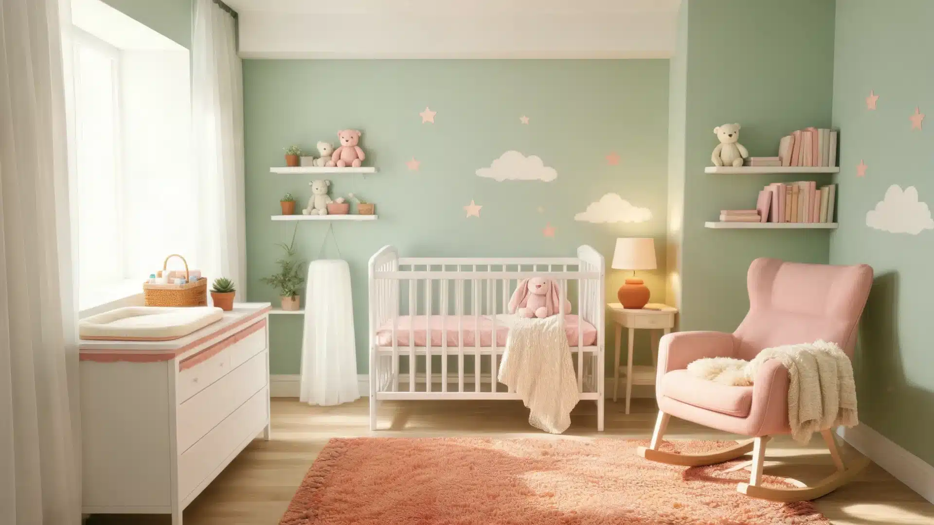 light green nursery with white crib blush rocking chair soft wall decor and bright natural daylight