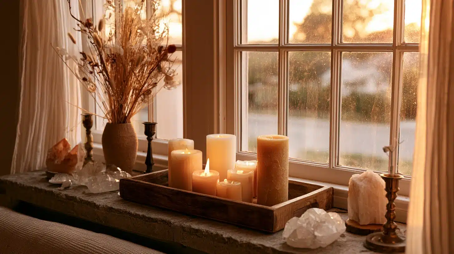 Living room window sill with candles on a wooden tray, dried flowers, crystals, and warm sunset light creating a cozy ambiance.