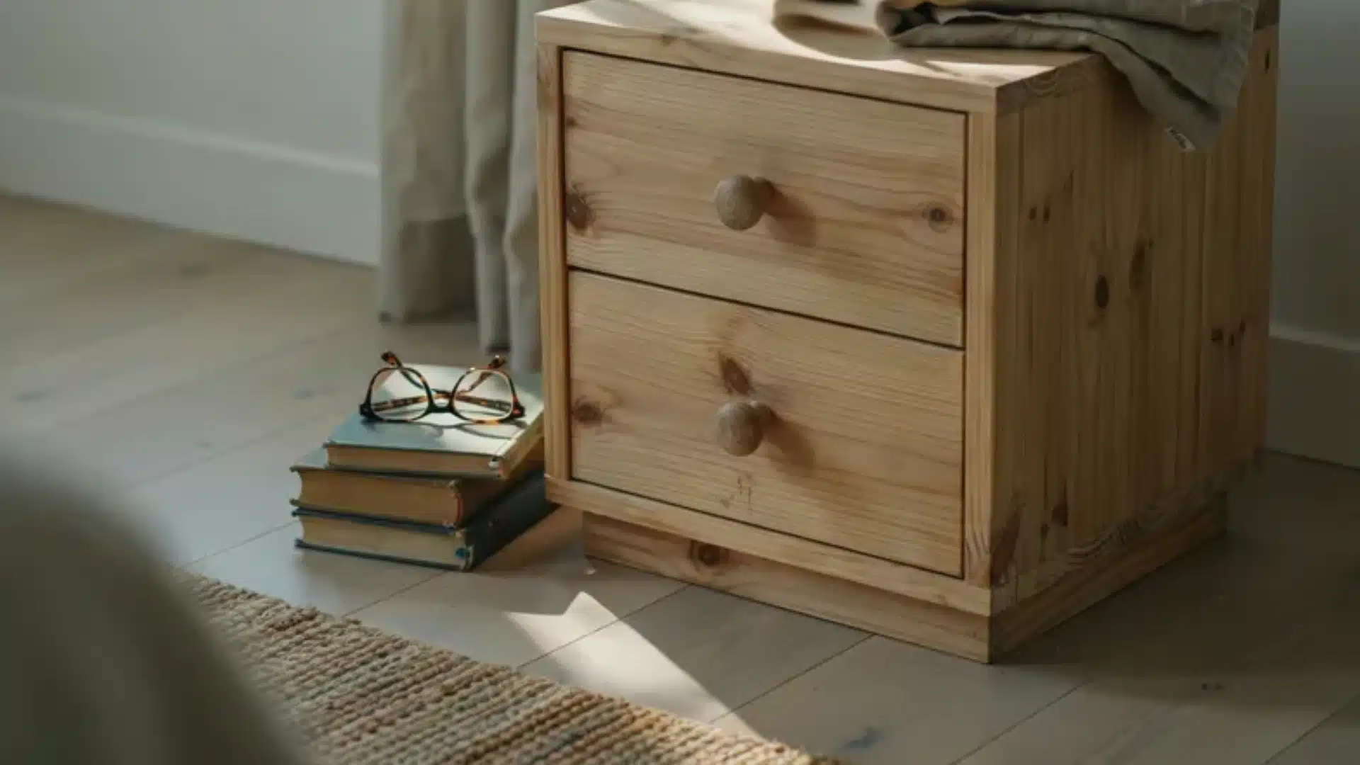 Minimal wooden DIY nightstand with two drawers, books and glasses beside it in a soft bedroom corner
