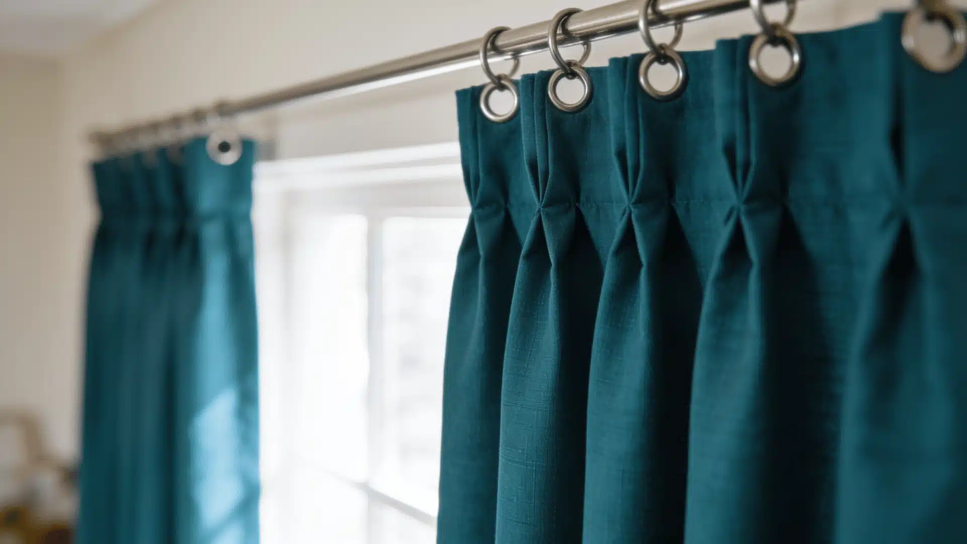 Close-up of teal pleated curtains hanging from metal rings on a curtain rod