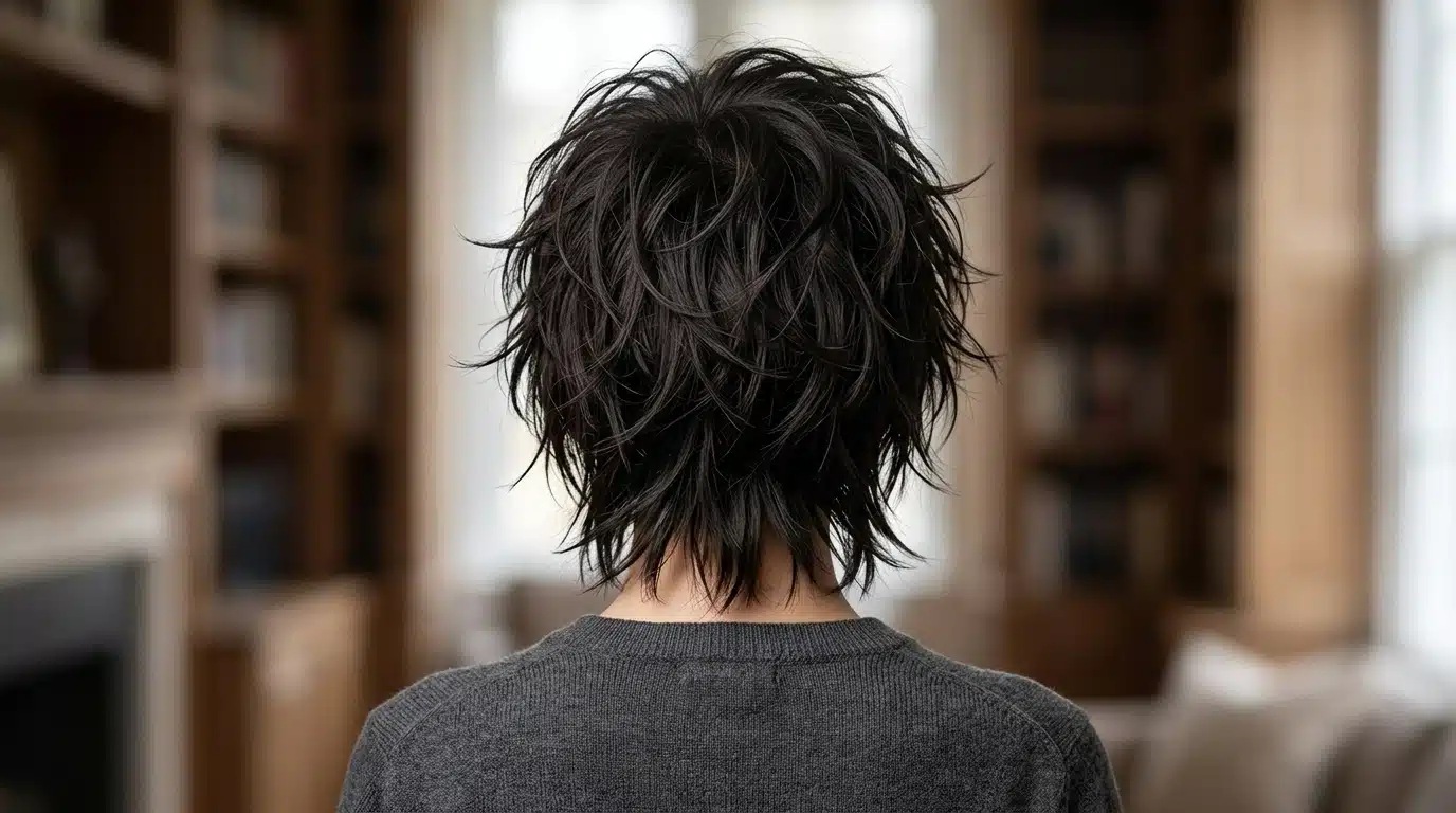 Back view of a messy layered black shag haircut with textured ends.