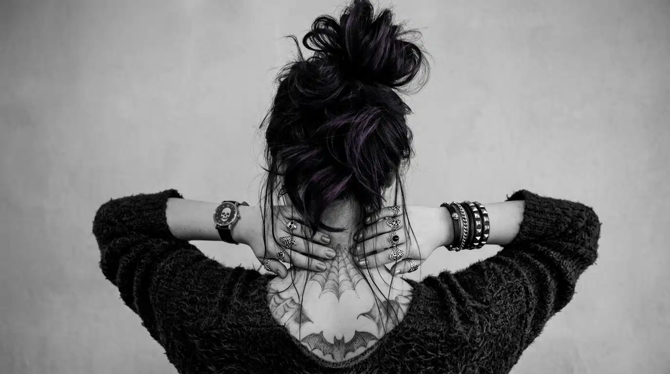 A woman's back displaying messy bun with tattoes.