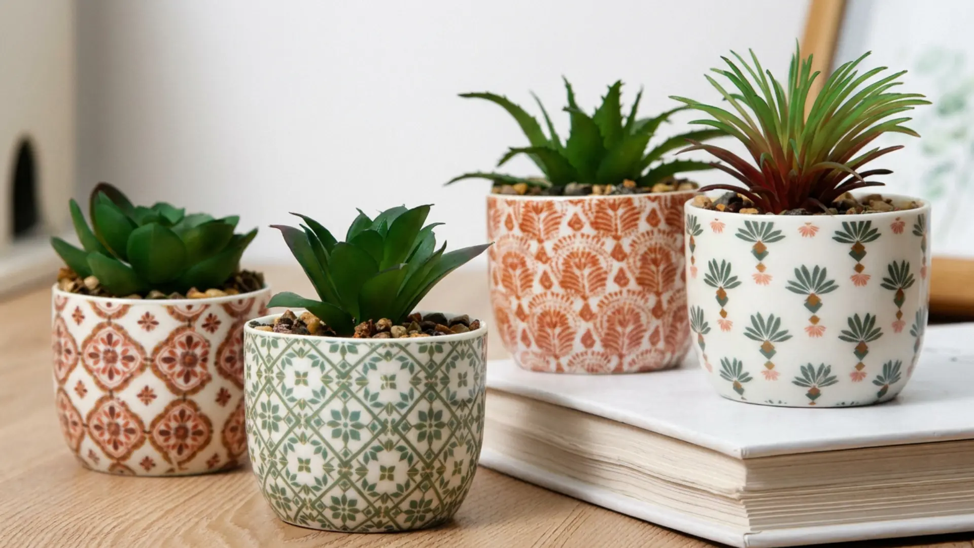 small succulents in patterned ceramic pots arranged on a wooden desk next to stacked books