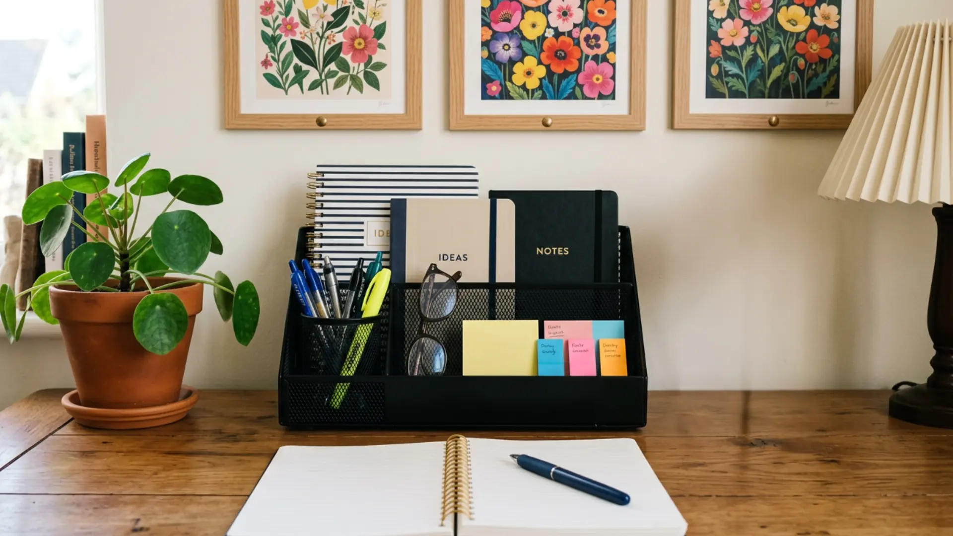 black mesh desk organizer with notebooks pens and sticky notes next to a potted plant and framed prints