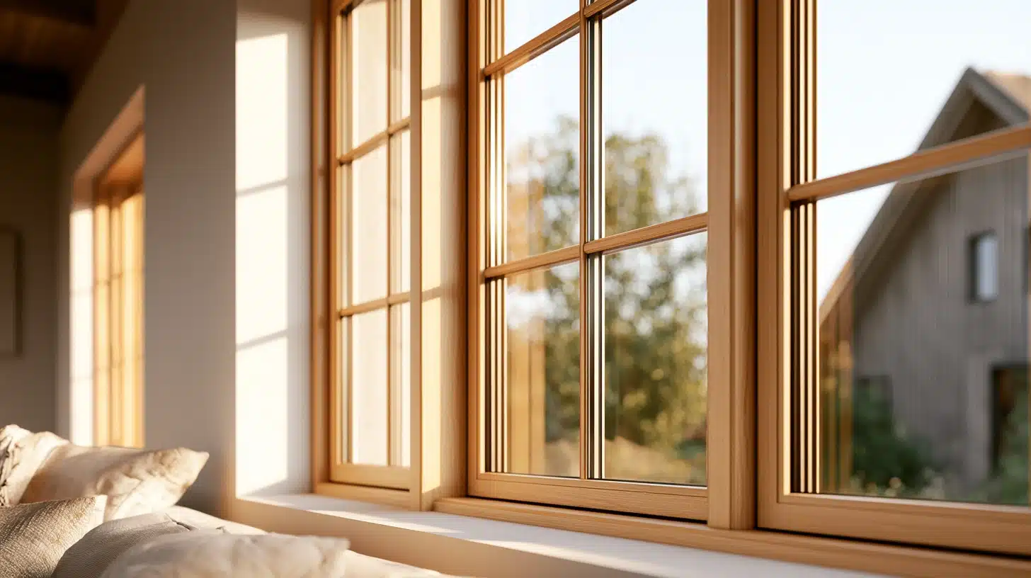 Minimalist window with slim wood trim, framed by warm natural light in a contemporary Scandinavian-inspired interior.