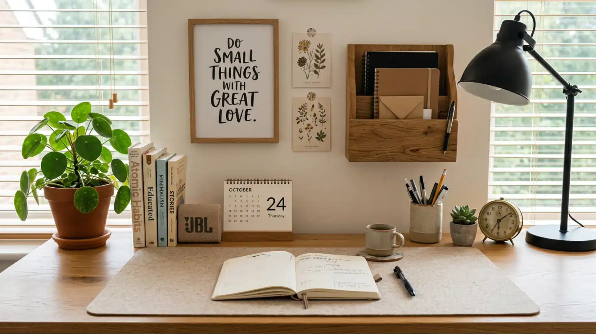 tidy home desk with plant books desk mat lamp pen holder clock and motivational framed print on wall