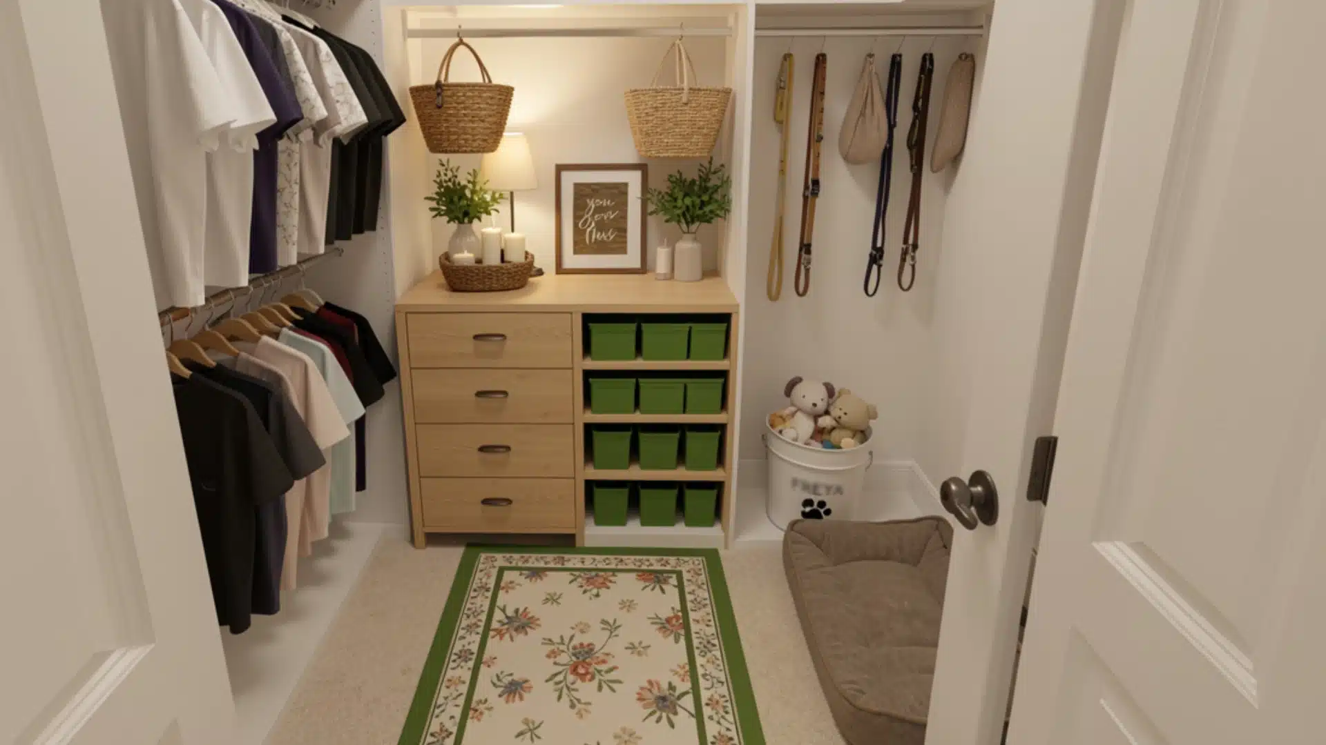 A well-organized walk-in closet showcasing a cozy dog bed alongside various clothing items.