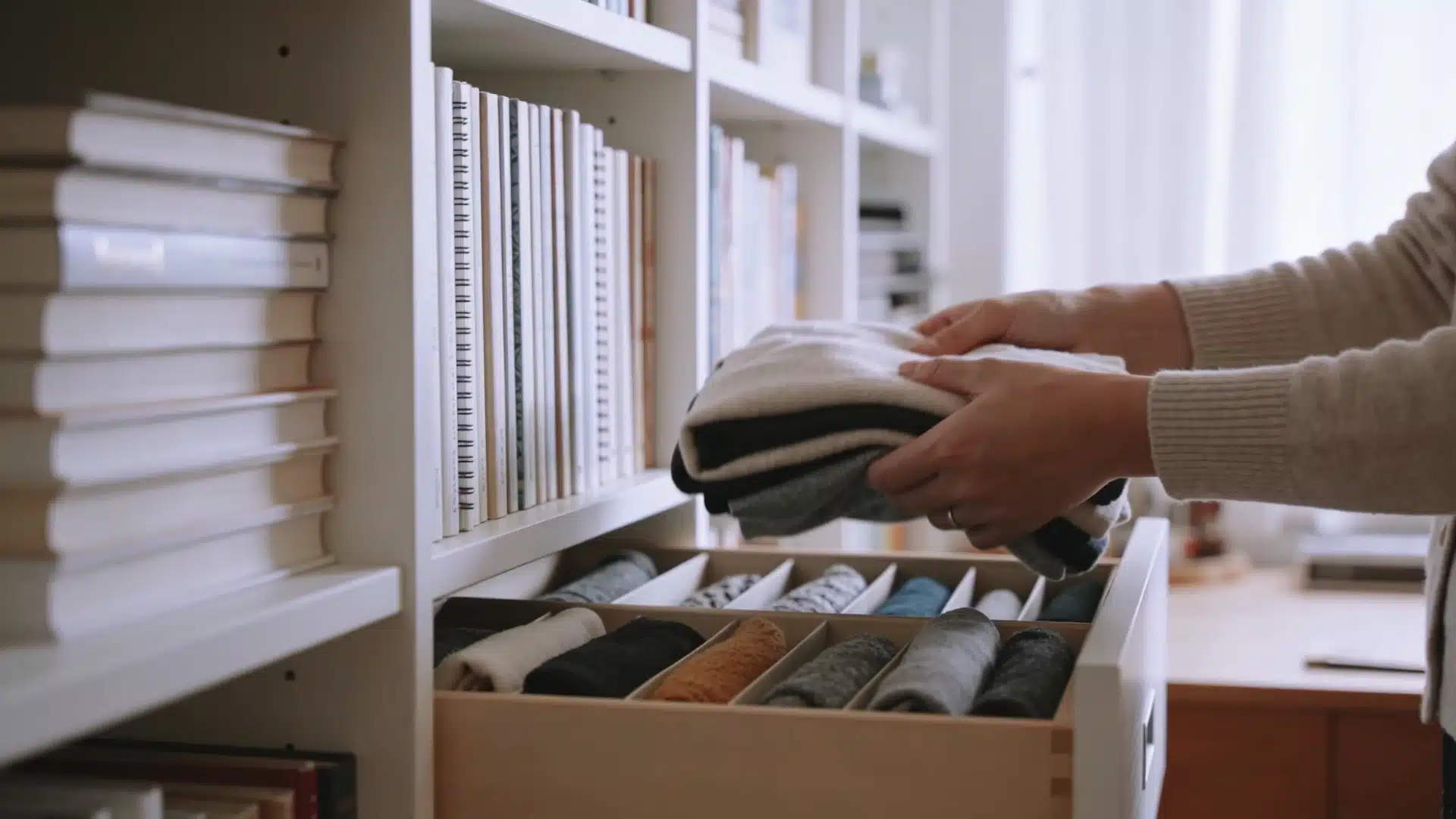 Person folding clothes and placing them neatly in drawer organizers with books on shelves nearby