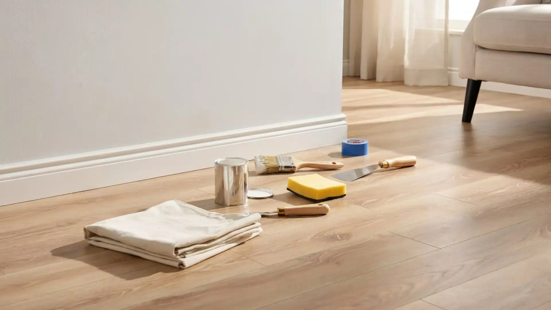 Painting tools including a brush, paint can, painter's tape, putty knife, sanding sponge, and drop cloth arranged beside freshly painted white baseboards on a hardwood floor.