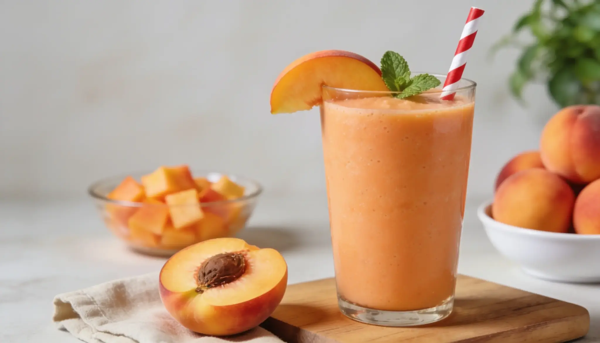 Creamy peach smoothie in a glass with fresh peach slices and a striped straw.