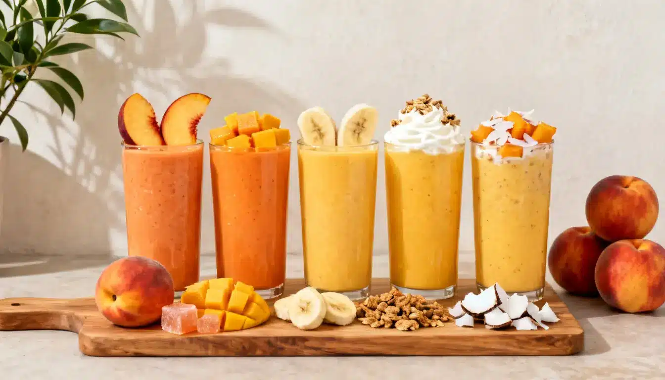 Different peach smoothie variations topped with fresh fruit, whipped cream, granola, and coconut flakes.